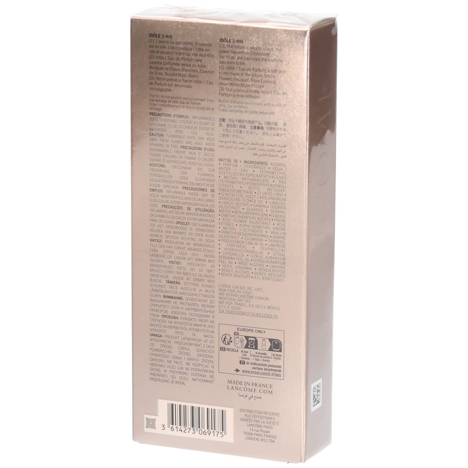 Boîte Lancôme Idôle Eau de Parfum, dos avec informations détaillées sur le produit et sceaux.