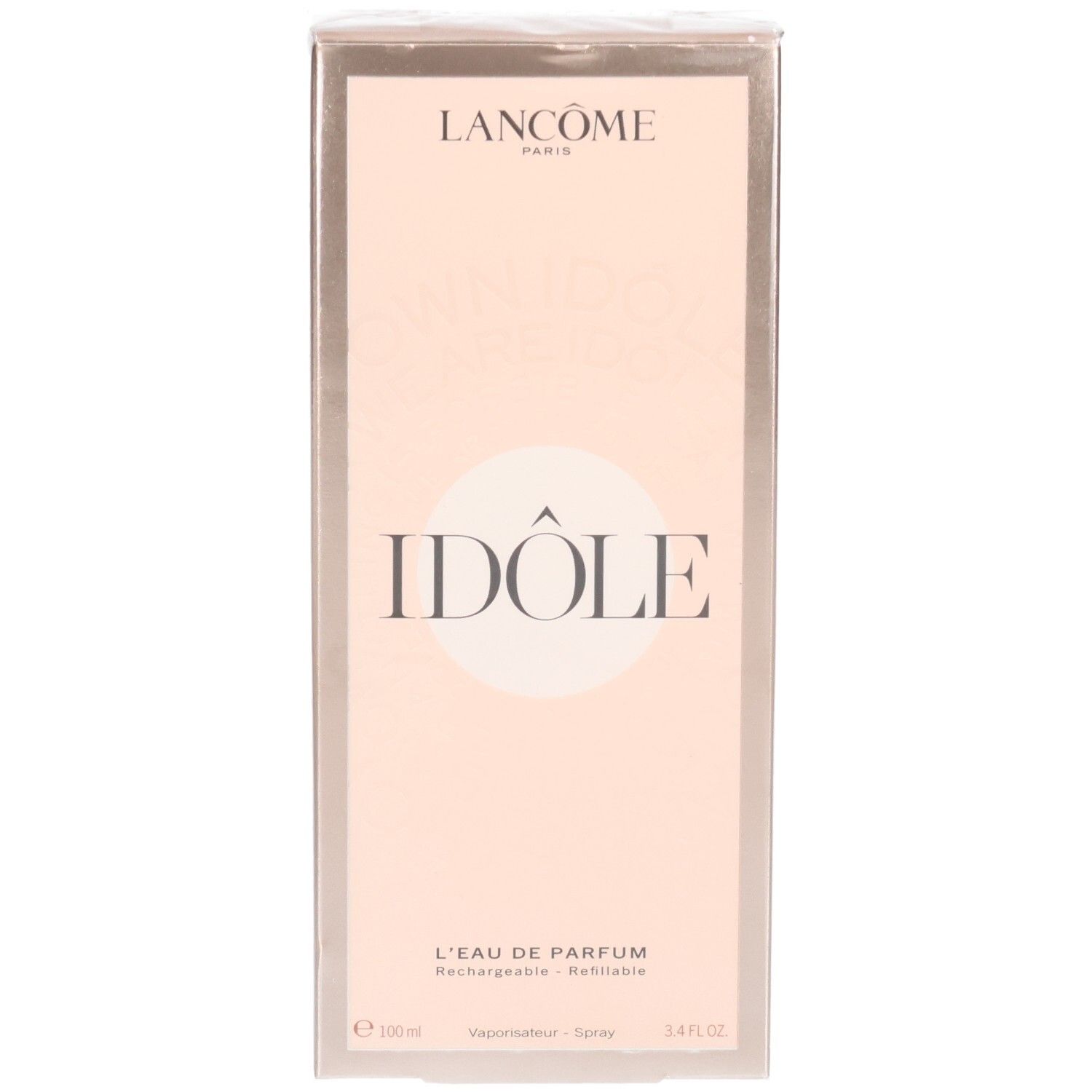 Boîte Lancôme Idôle Eau de Parfum, face avant avec nom du produit et logo de la marque.