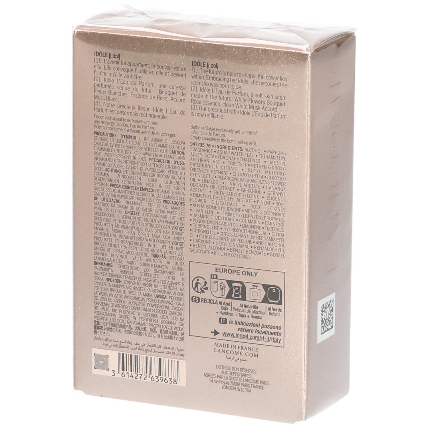 Achterkant van de Lancôme Idôle Eau de Parfum 25ml verpakking met ingrediënten.