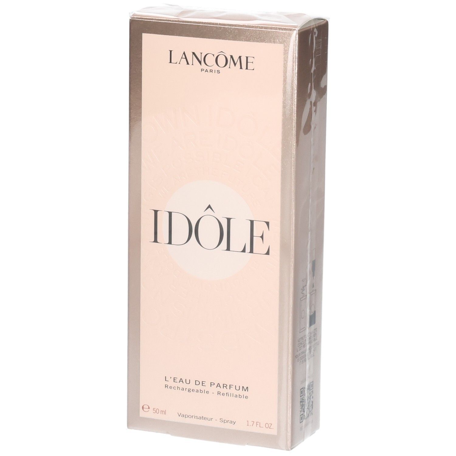 Lancôme Idôle Eau de Parfum 50ml flesje op roze doosje.