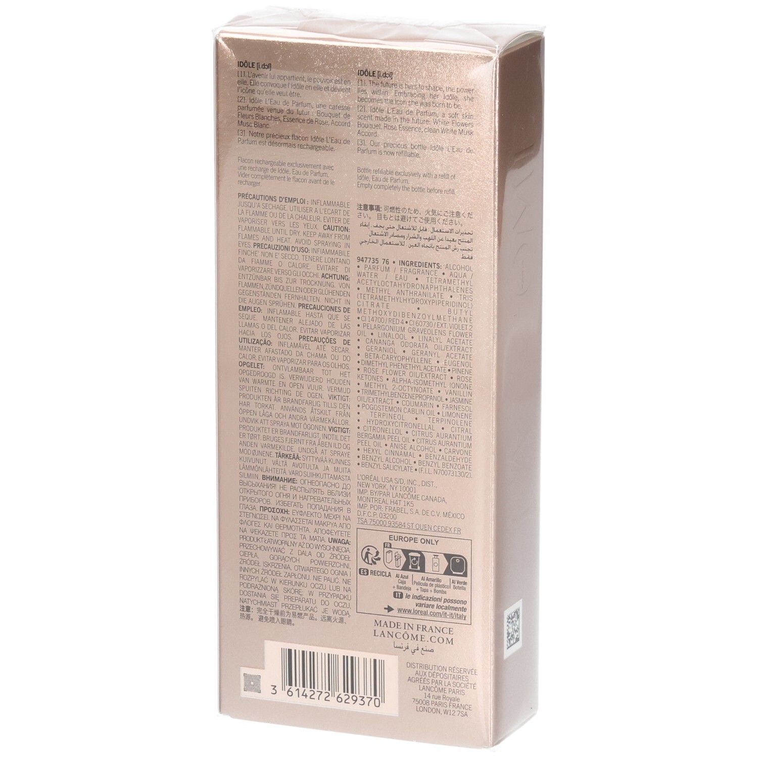 Lancôme Idôle Eau de Parfum 50ml doosje, achterkant met tekst en symbolen.