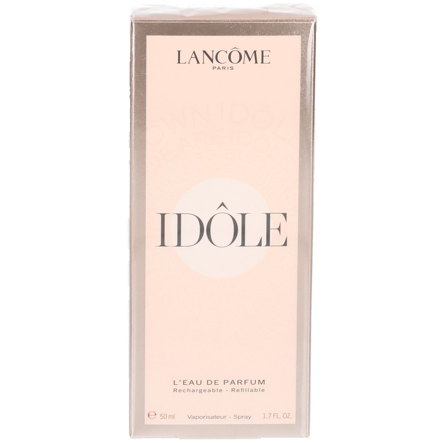 Lancôme Idôle Eau de Parfum 50ml flesje op roze doosje.