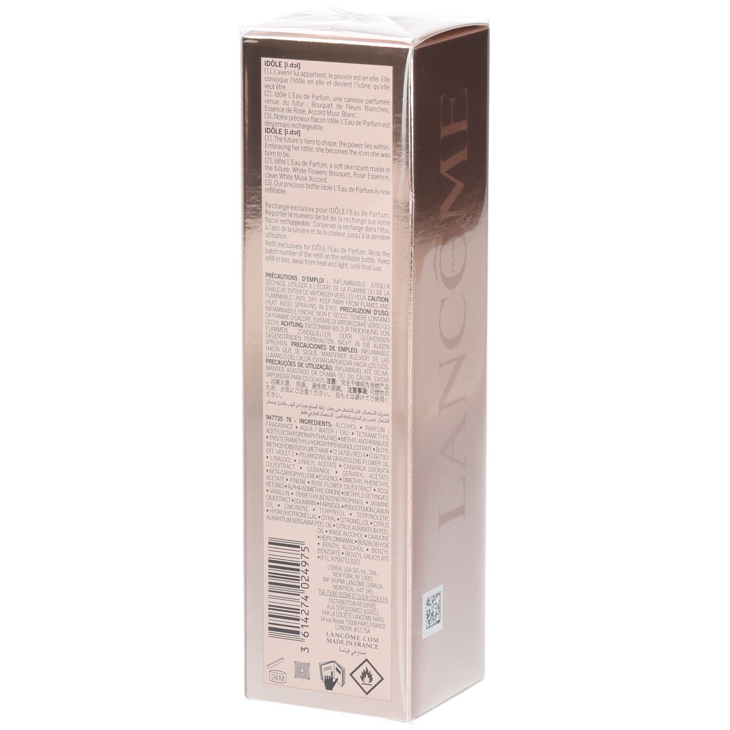 Achterkant van de Lancôme Idôle Eau de Parfum navulling met ingrediënten en waarschuwingen.