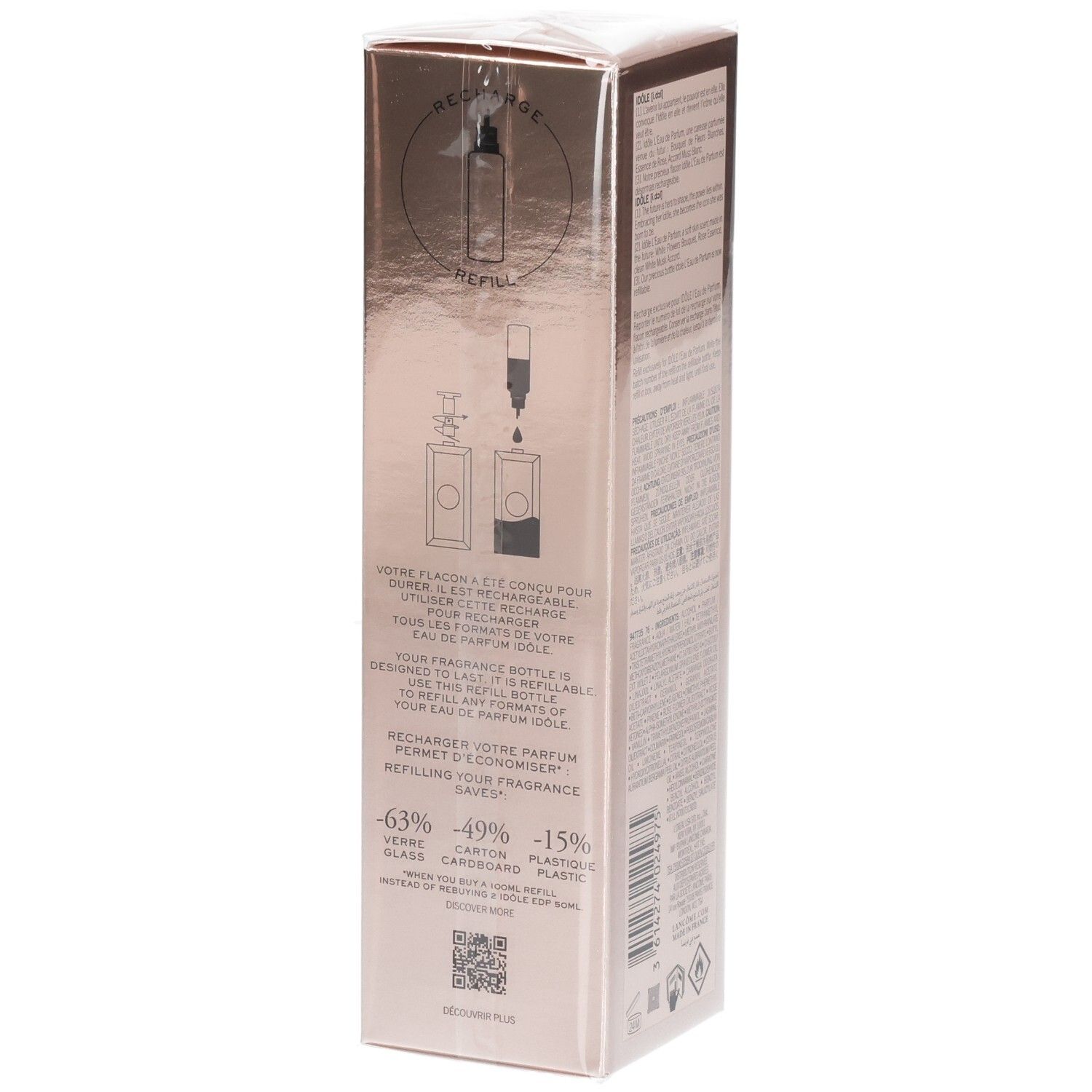 Gedetailleerd zicht op de Lancôme Idôle Eau de Parfum navulling met navulinstructies.