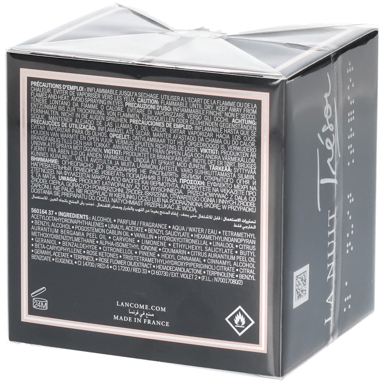 Lancôme La Nuit Trésor L'Eau de Parfum achterkant met ingrediënten en instructies.