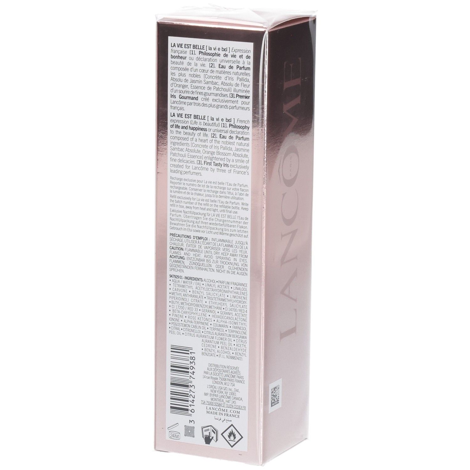 Lancôme La Vie Est Belle Eau de Parfum Recharge, dos avec informations produit.