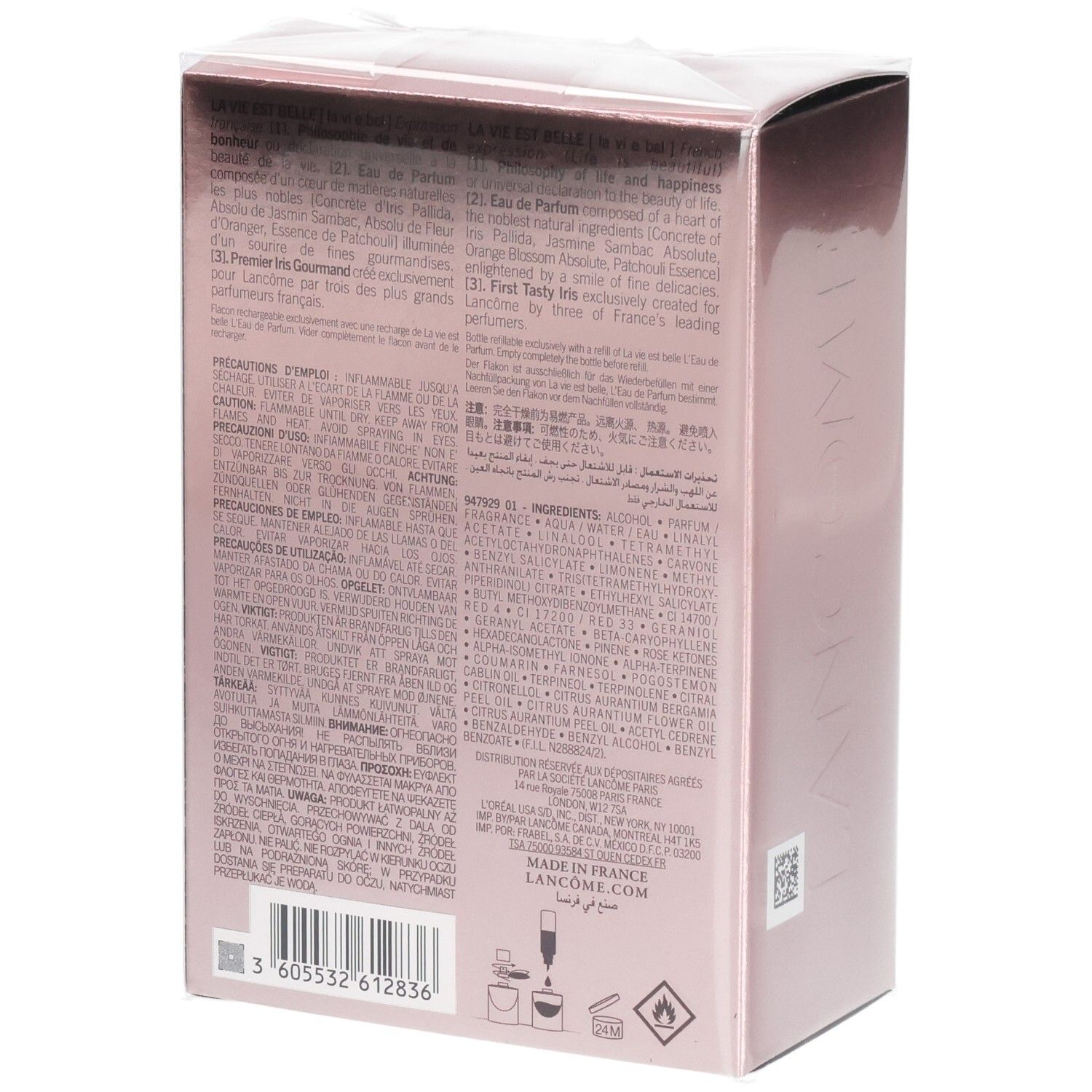 Achterkant van de Lancôme La Vie Est Belle Eau de Parfum 75 ml verpakking met tekst.