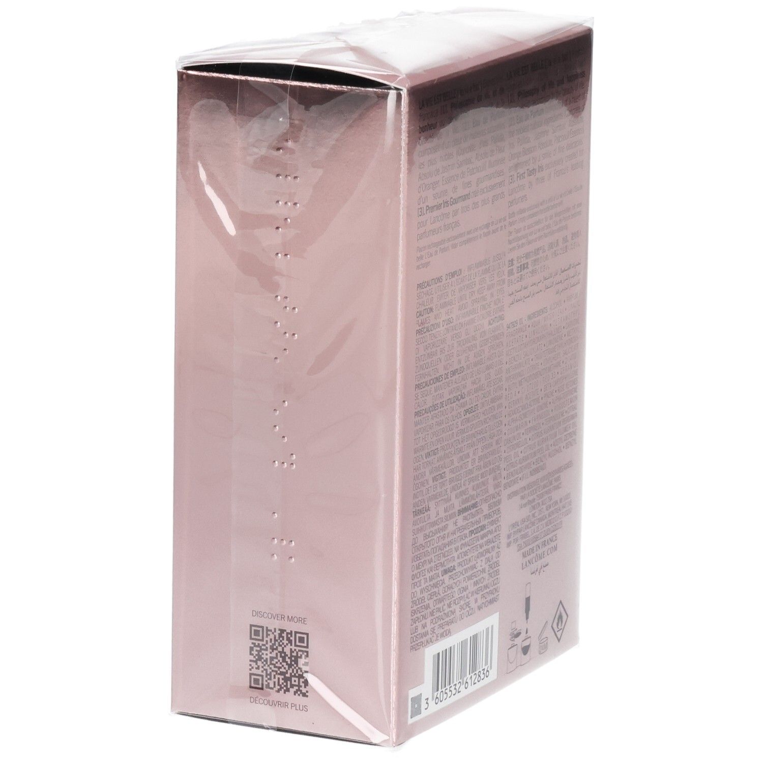 Zijkant van de Lancôme La Vie Est Belle Eau de Parfum 75 ml verpakking met QR-code.