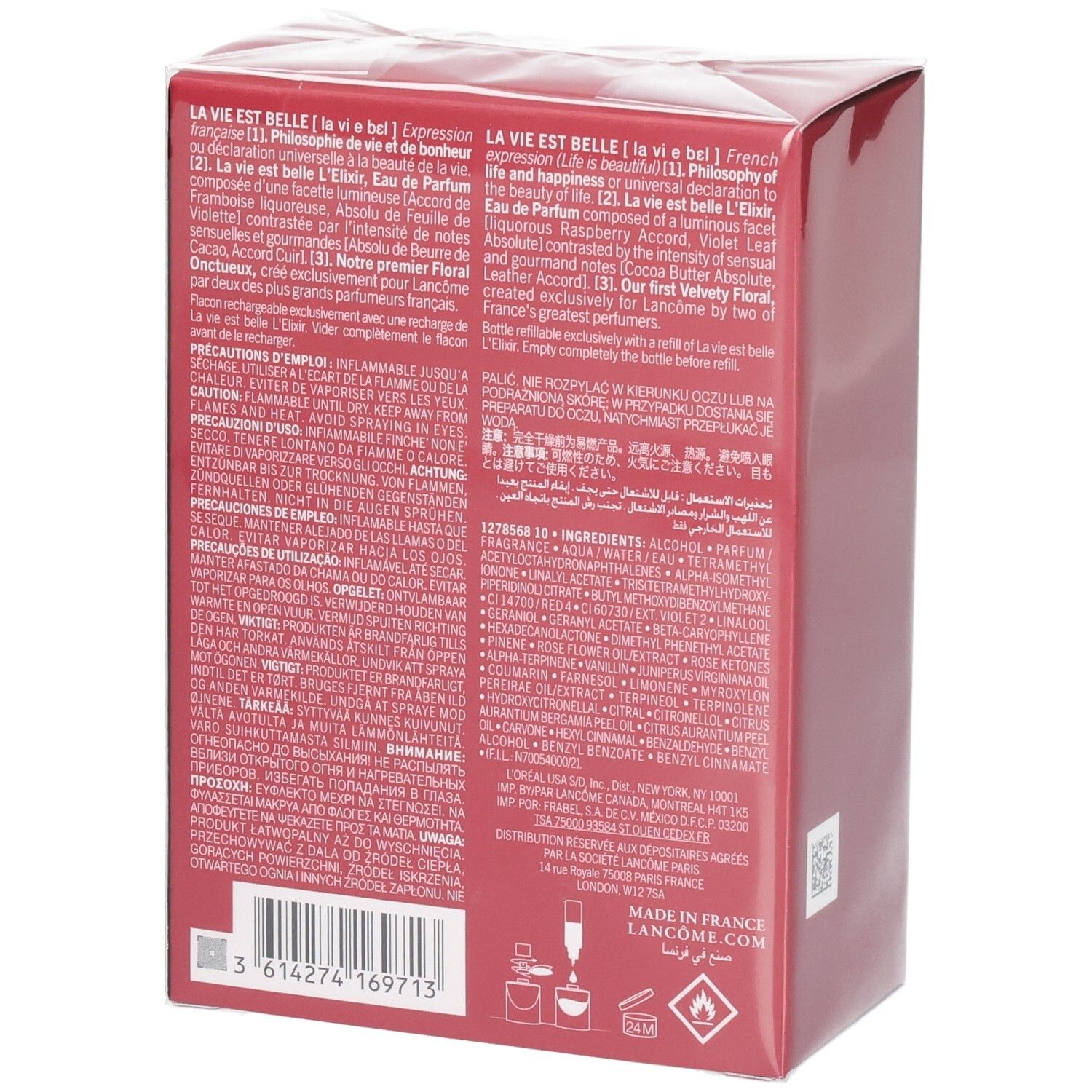 Boîte cadeau rouge avec inscription Lancôme La Vie Est Belle Eau de Parfum et ingrédients.