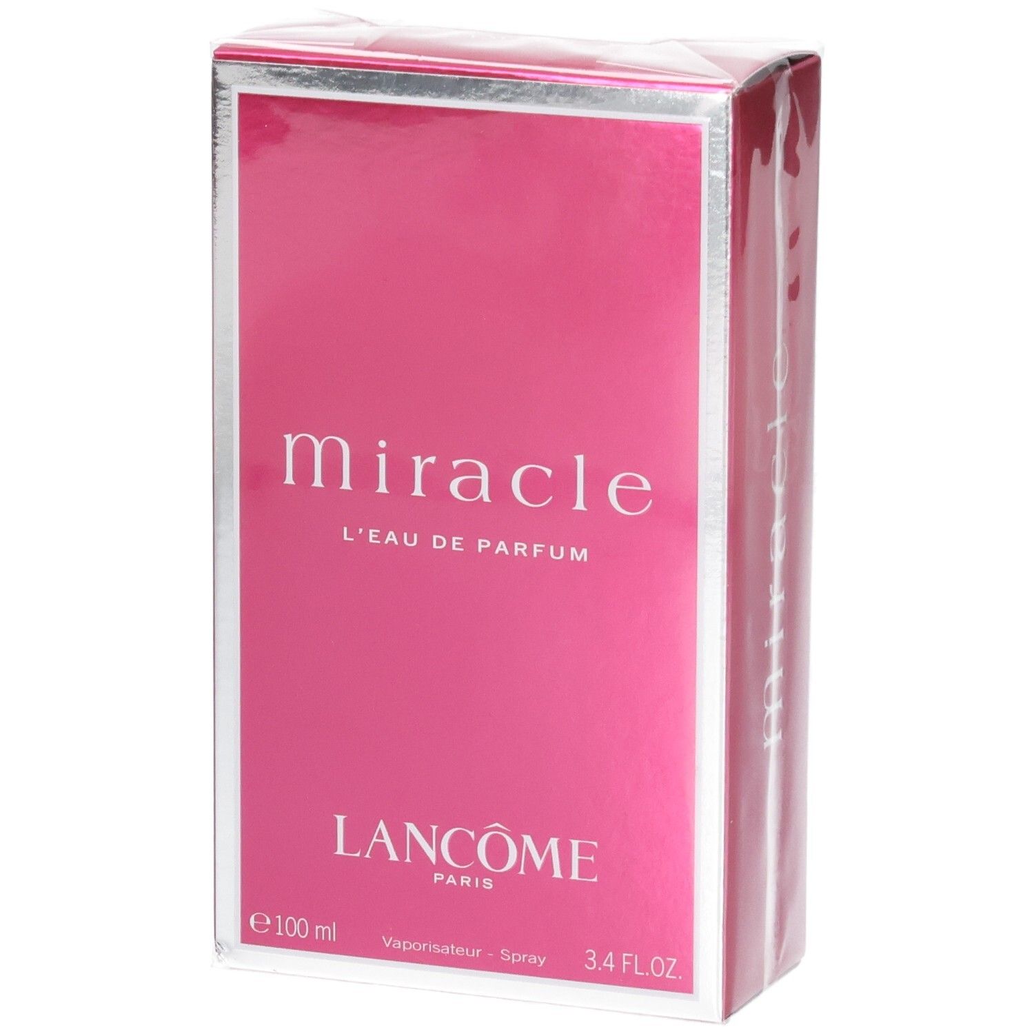 Doos van Lancôme Miracle Eau de Parfum, 100 ml, met zilveren rand en roze achtergrond aan de voorkant.