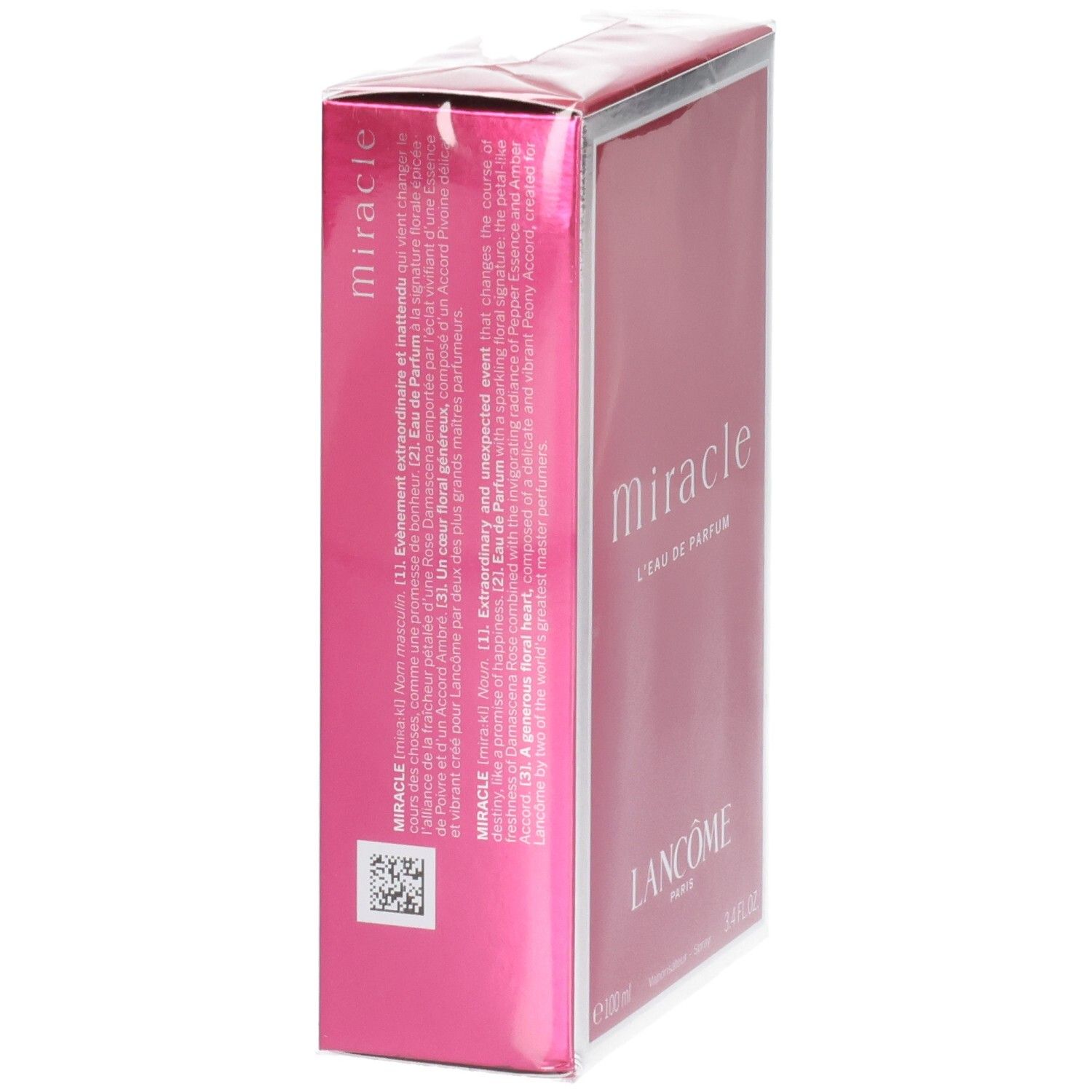 Zijaanzicht van de Lancôme Miracle Eau de Parfum doos, 100 ml, met zilveren rand en roze achtergrond.