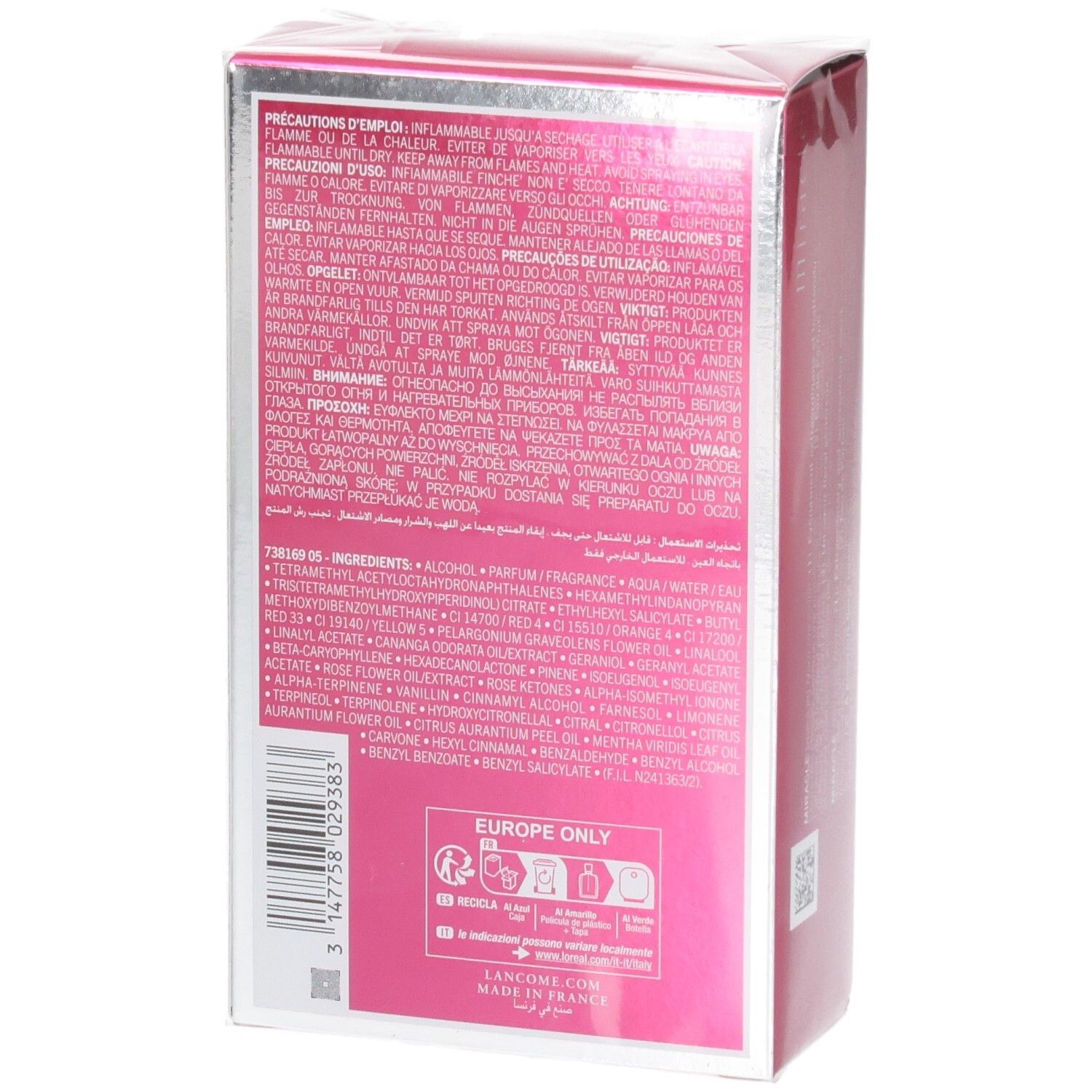 Achterkant van de Lancôme Miracle Eau de Parfum doos, 100 ml, met zilveren rand en roze achtergrond.