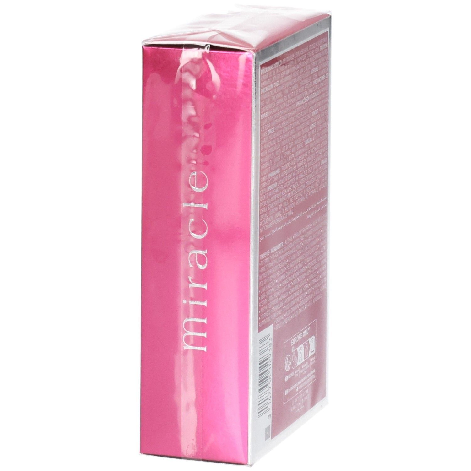 Zijaanzicht van de Lancôme Miracle Eau de Parfum doos, 100 ml, met zilveren rand en roze achtergrond.