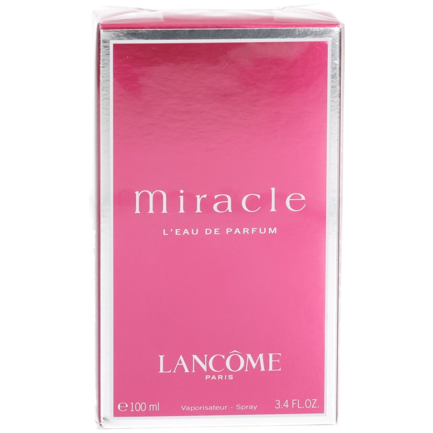 Doos van Lancôme Miracle Eau de Parfum, 100 ml, met zilveren rand en roze achtergrond aan de voorkant.
