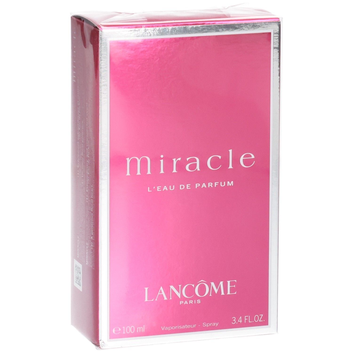 Doos van Lancôme Miracle Eau de Parfum, 100 ml, met zilveren rand en roze achtergrond aan de voorkant.