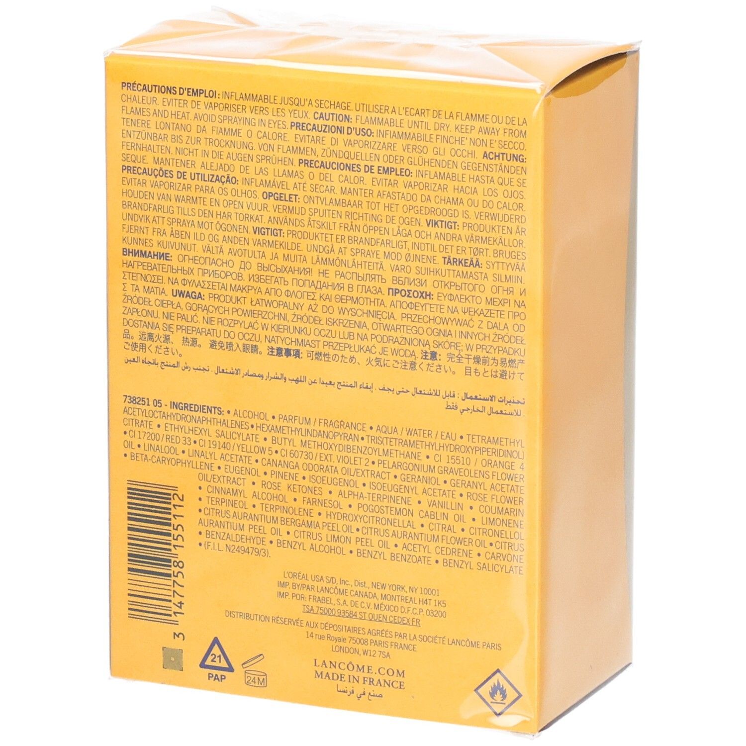 Arrière de l'emballage Lancôme Poême Eau de Parfum avec ingrédients et avertissements.