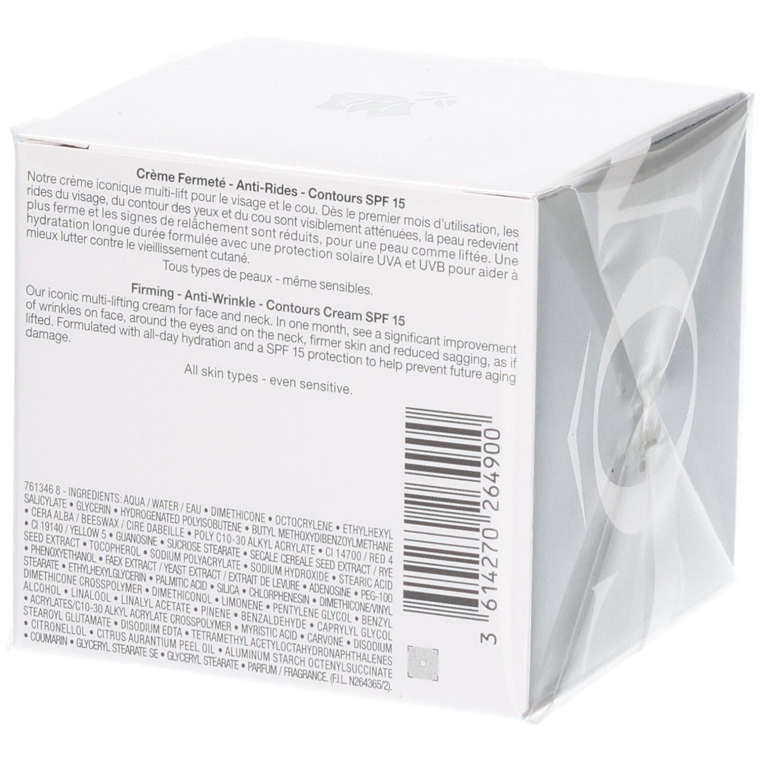 Lancôme Rénergie Multi-Lift Crème Fermeté Anti-Rides SPF 15, emballage, dos avec ingrédients.