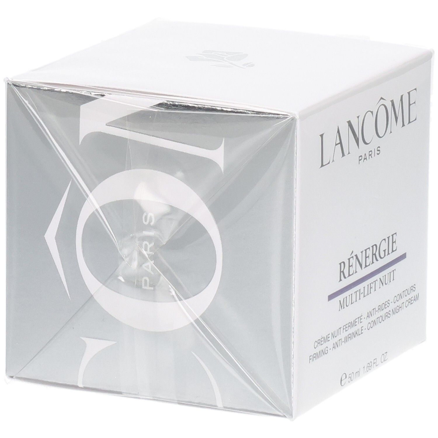 Emballage Lancôme Rénergie Multi-Lift Nuit Crème de Nuit, 50 ml, design argenté.
