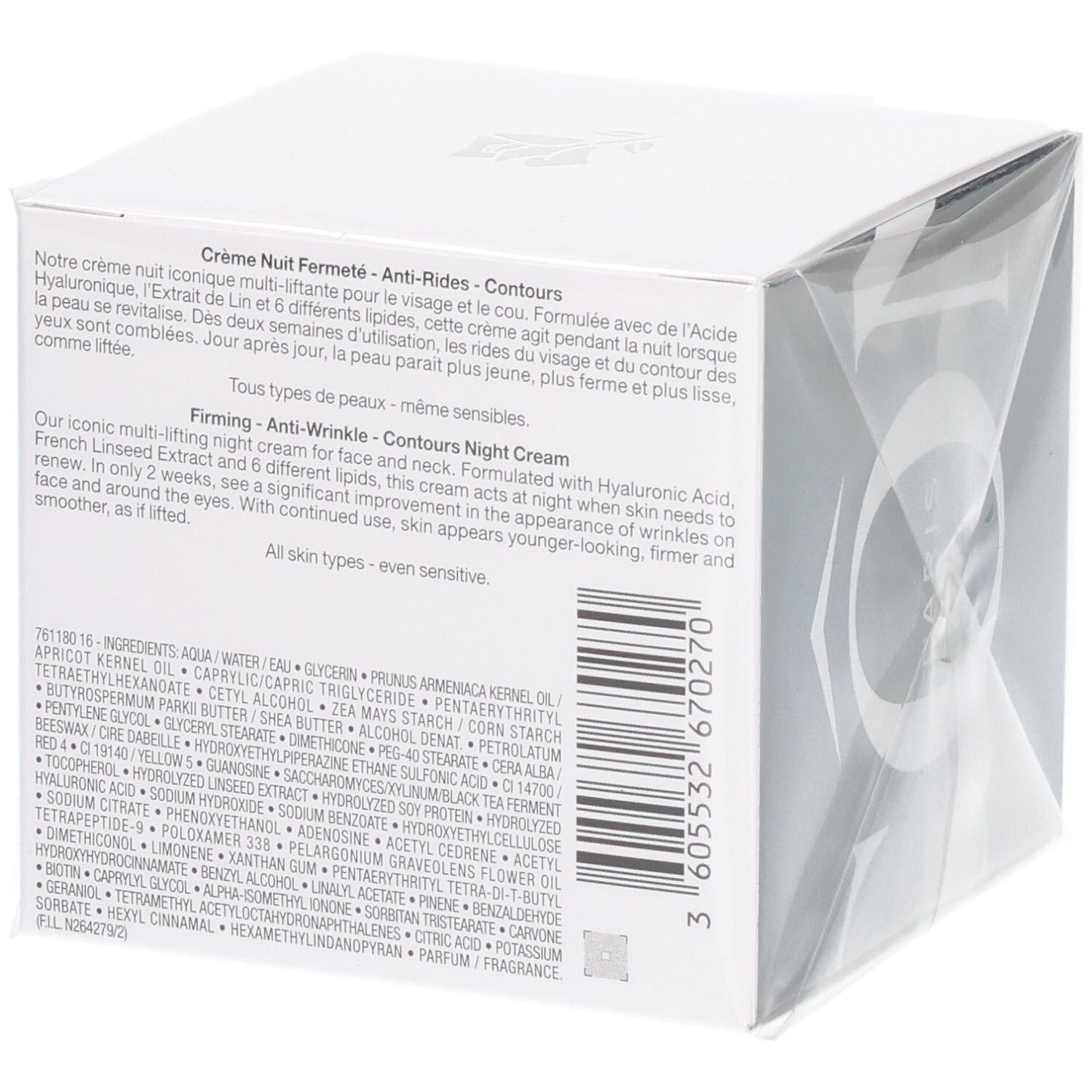 Emballage Lancôme Rénergie Multi-Lift Nuit Crème de Nuit, verso con ingredienti.