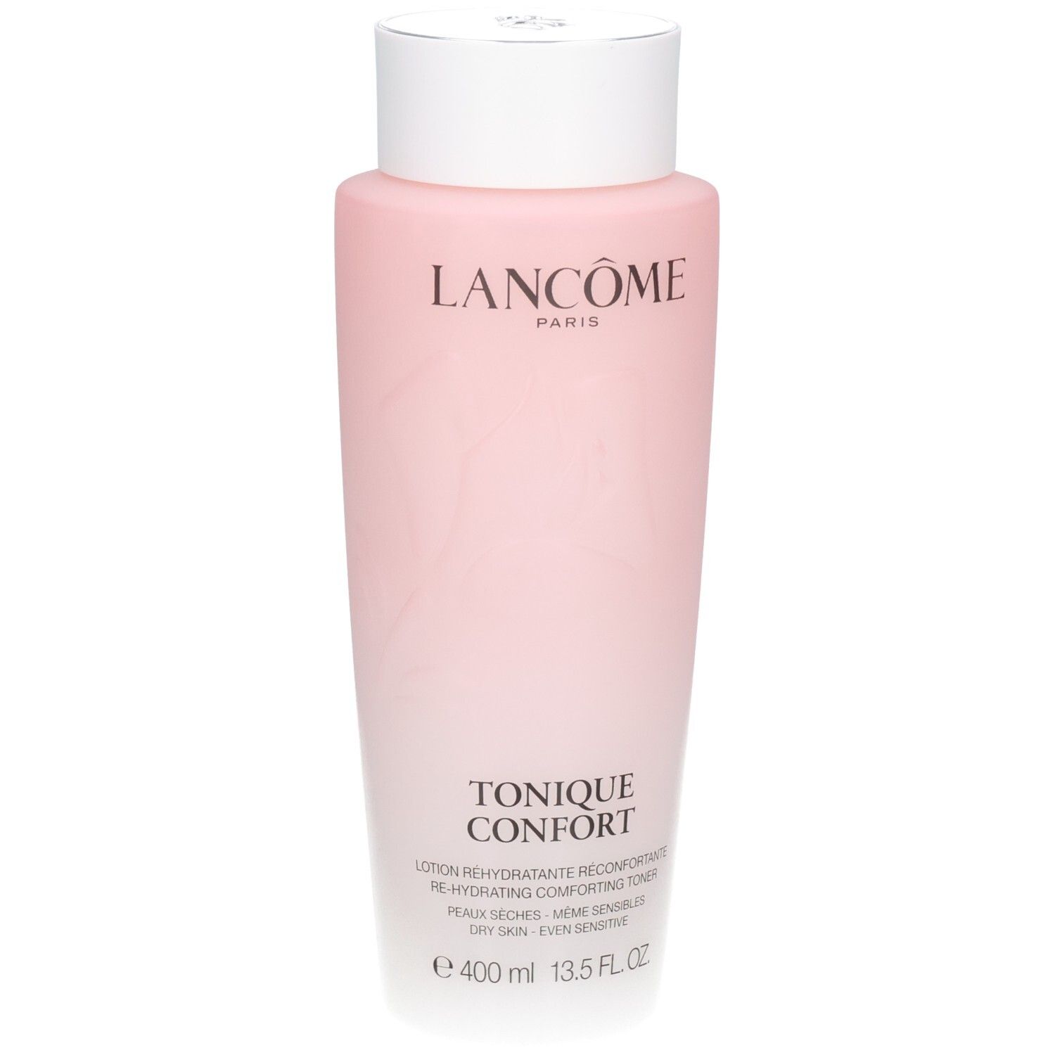 Lancôme Tonique Confort : flacon rose avec bouchon blanc. Contient 400 ml.