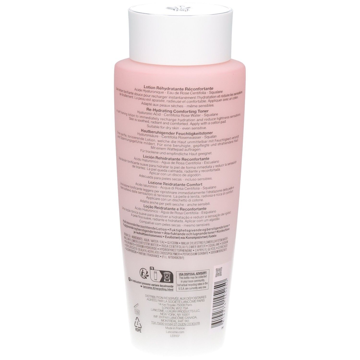 Arrière du flacon Lancôme Tonique Confort avec instructions détaillées.