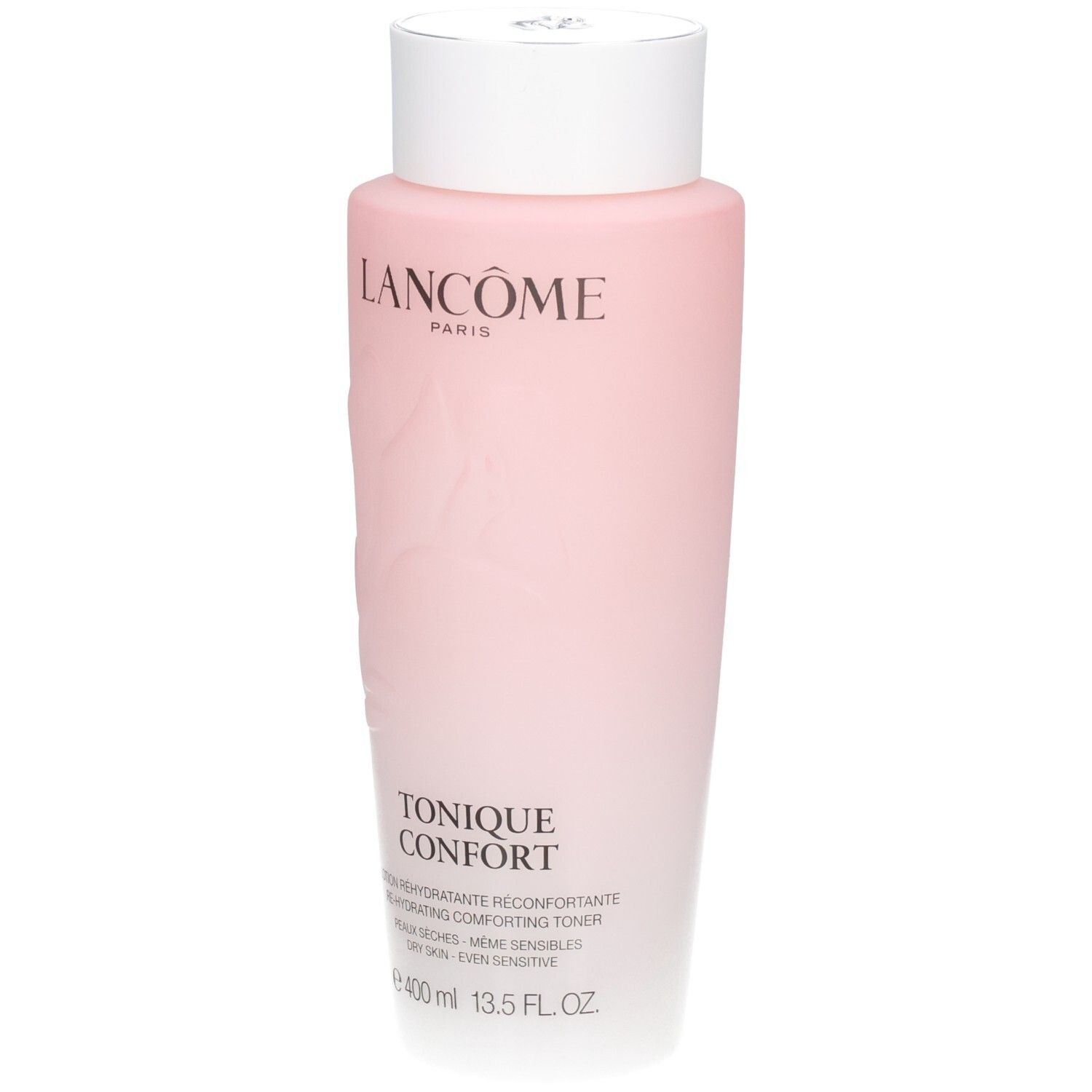 Lancôme Tonique Confort : flacon rose avec bouchon blanc. Contient 400 ml.