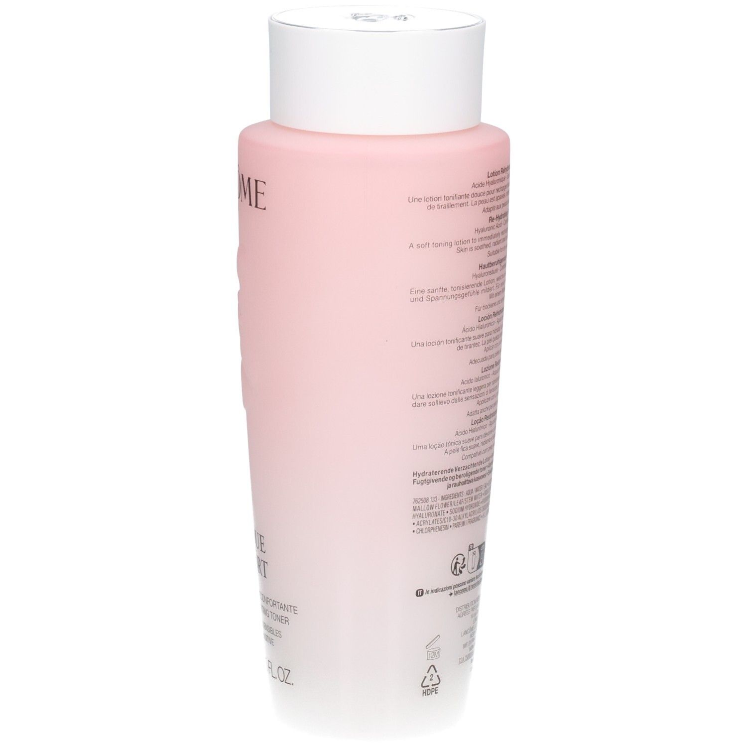 Vue latérale du flacon Lancôme Tonique Confort avec informations produit.