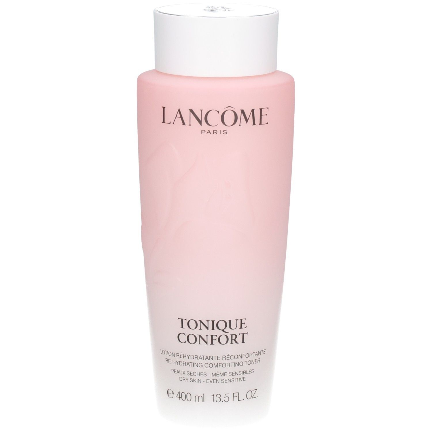 Lancôme Tonique Confort : flacon rose avec bouchon blanc. Contient 400 ml.
