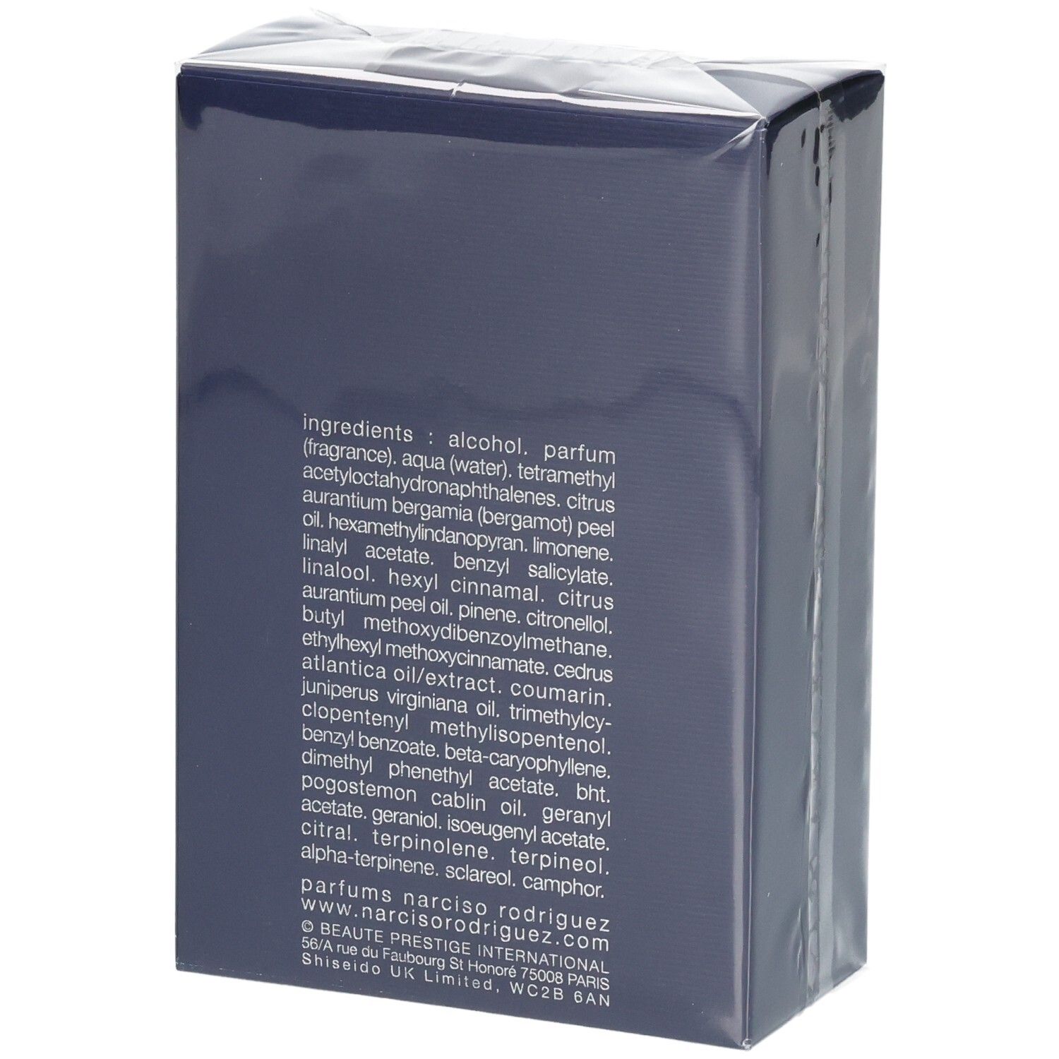 Narciso Rodriguez For Him Bleu Noir Eau de Parfum, 100 ml, dos avec ingrédients.