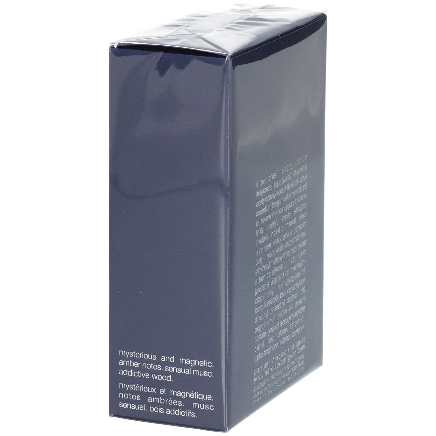 Narciso Rodriguez For Him Bleu Noir Eau de Parfum, 100 ml, côté avec description du parfum.
