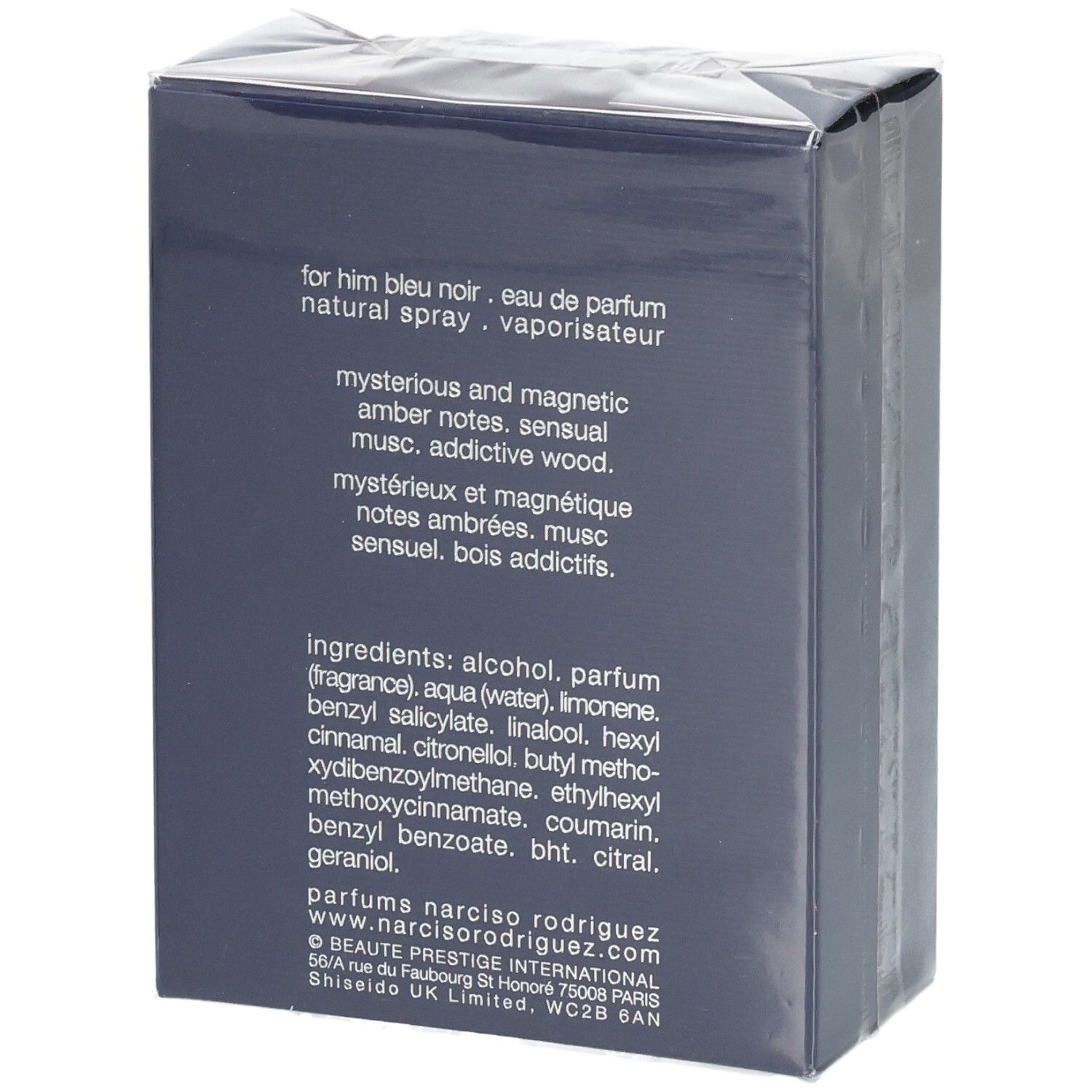 Arrière de la boîte avec ingrédients et notes de parfum de Narciso Rodriguez For Him Bleu Noir Eau de Parfum.