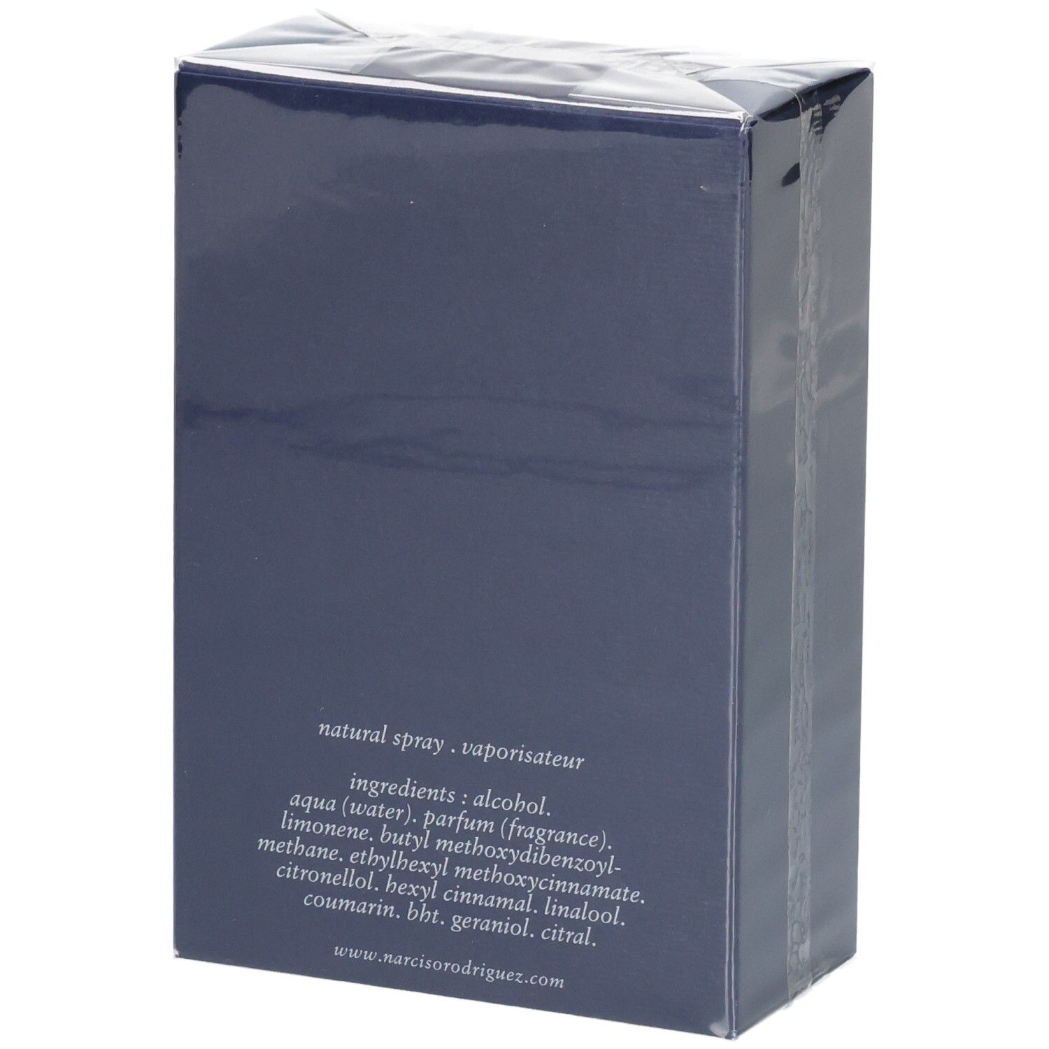 Arrière de la boîte Narciso Rodriguez For Him Bleu Noir Eau de Toilette avec ingrédients.