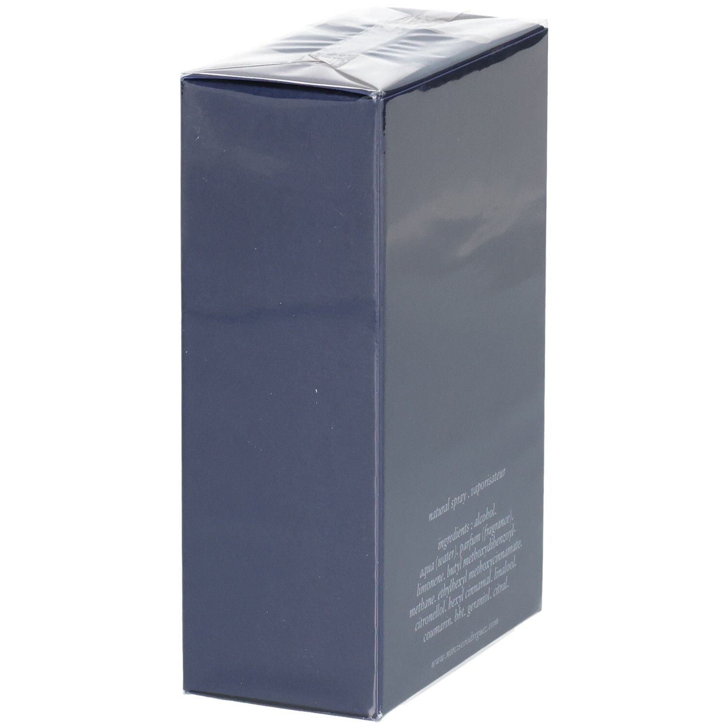 Boîte Narciso Rodriguez For Him Bleu Noir Eau de Toilette, vue latérale.