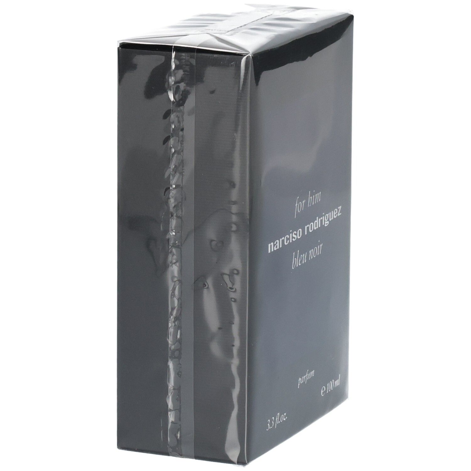 Vue latérale de l'emballage du parfum Narciso Rodriguez For Him Bleu Noir.
