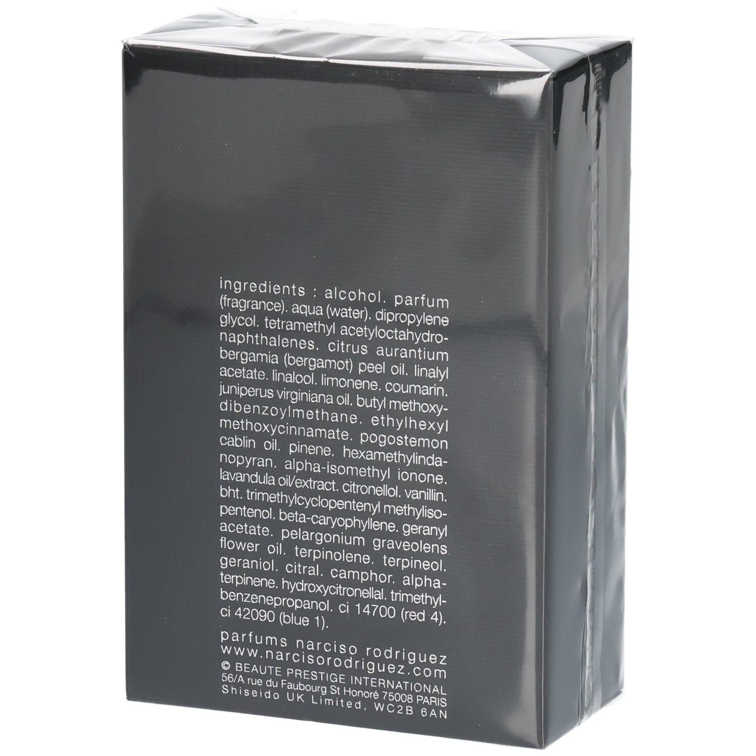 Arrière de l'emballage du parfum Narciso Rodriguez For Him Bleu Noir avec ingrédients.