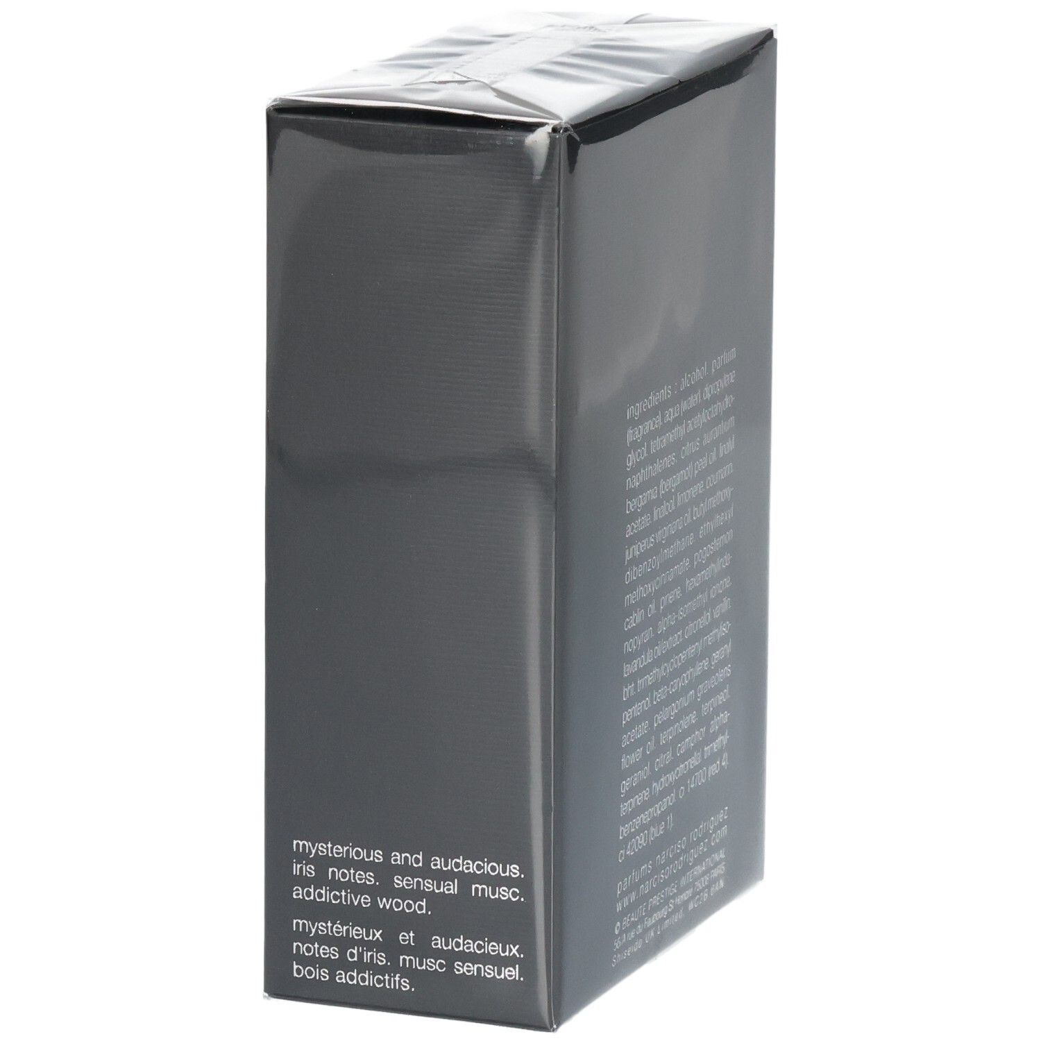 Vue latérale de l'emballage du parfum Narciso Rodriguez For Him Bleu Noir avec description.