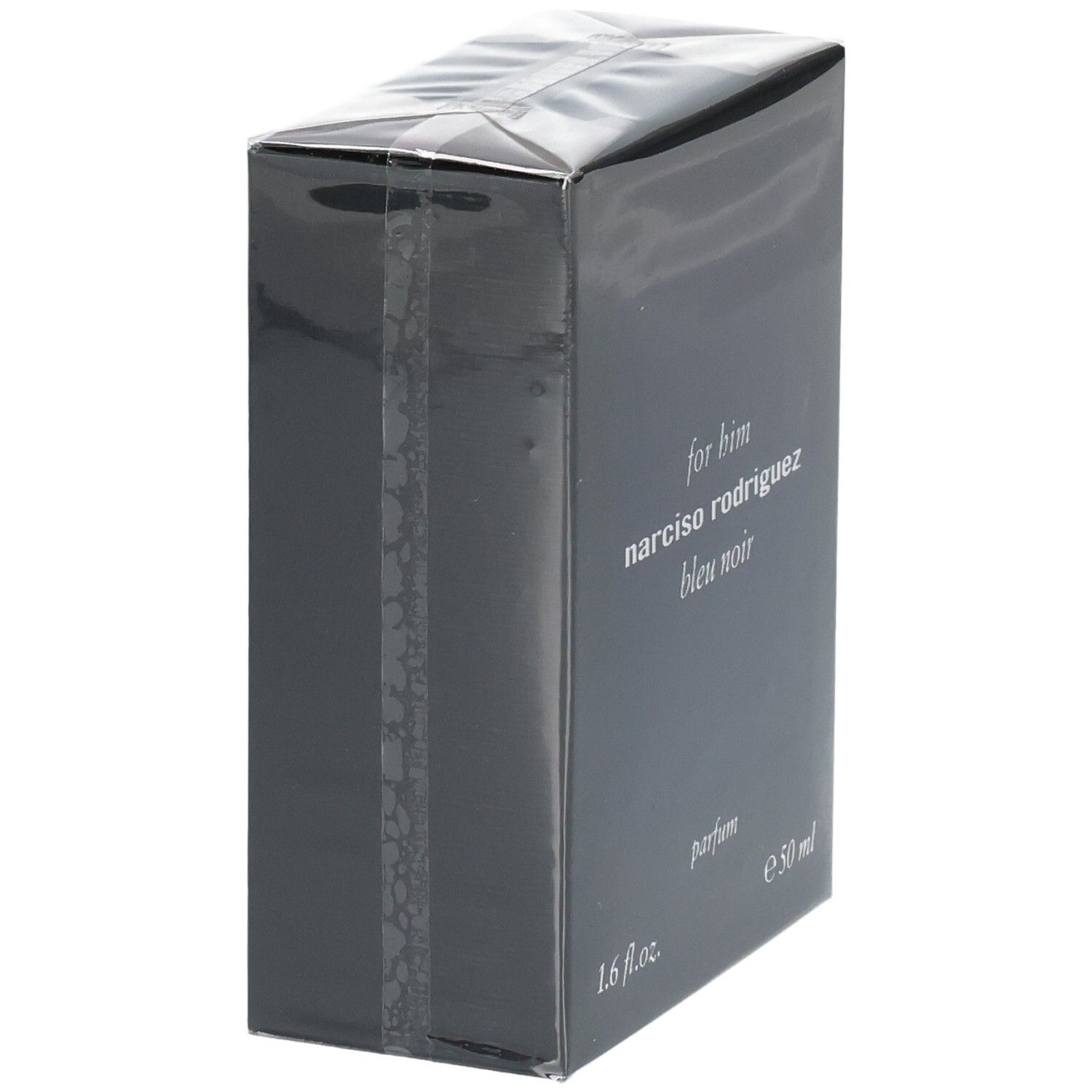Vue latérale de l'emballage du parfum Narciso Rodriguez For Him Bleu Noir, 50 ml.
