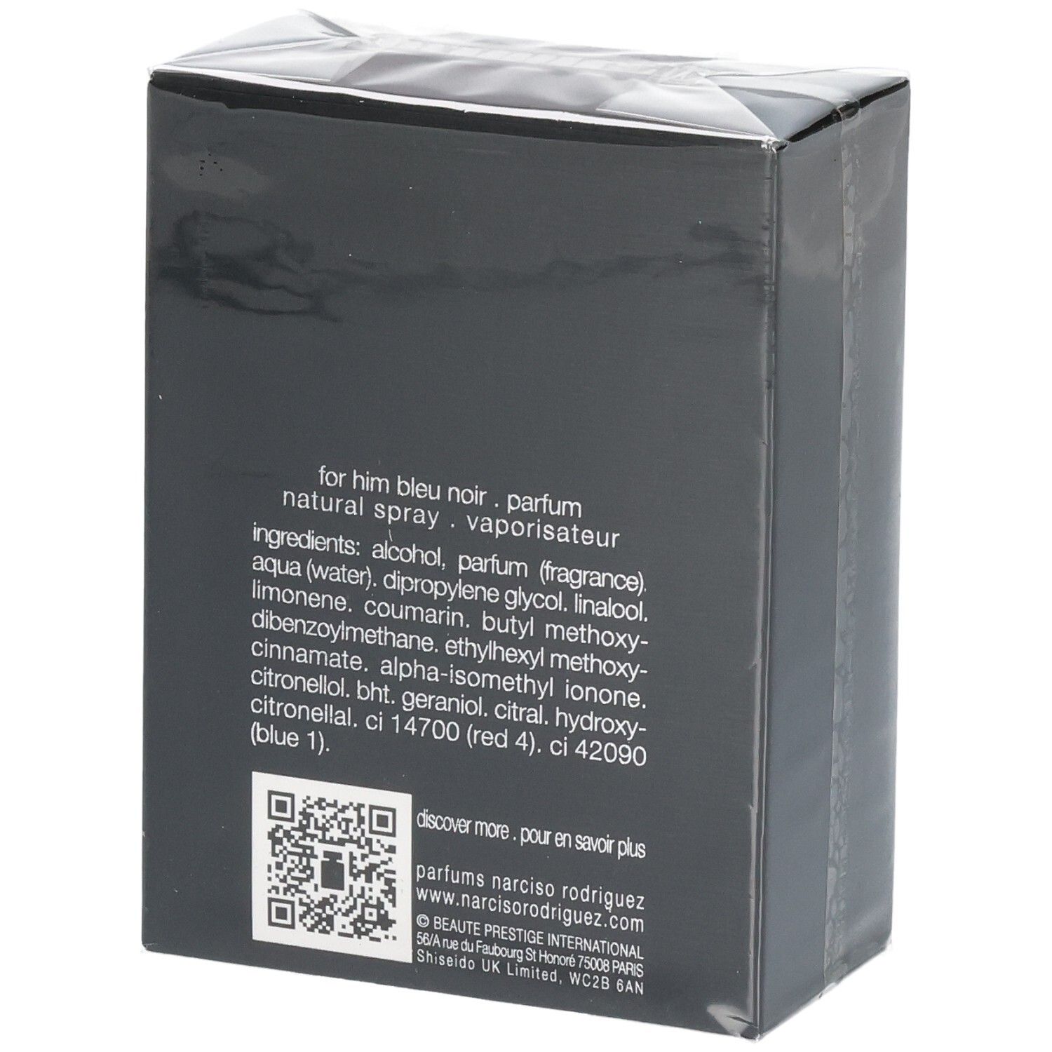 Arrière de l'emballage du parfum Narciso Rodriguez For Him Bleu Noir avec ingrédients, 50 ml.