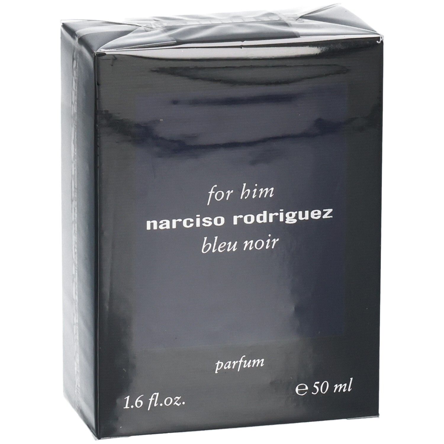 Emballage du parfum Narciso Rodriguez For Him Bleu Noir, 50 ml, légèrement en biais.