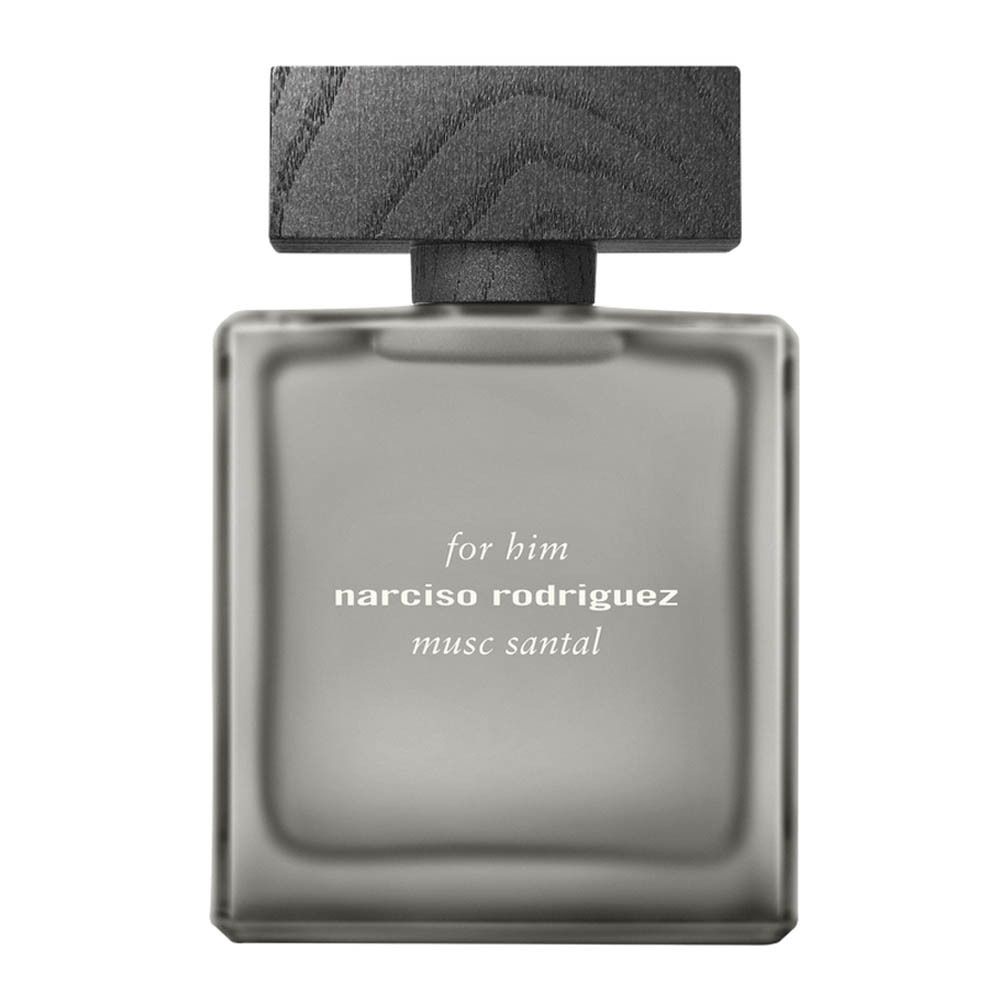 Flacon de Narciso Rodriguez For Him Musc Santal Eau de Parfum Intense avec bouchon en bois.
