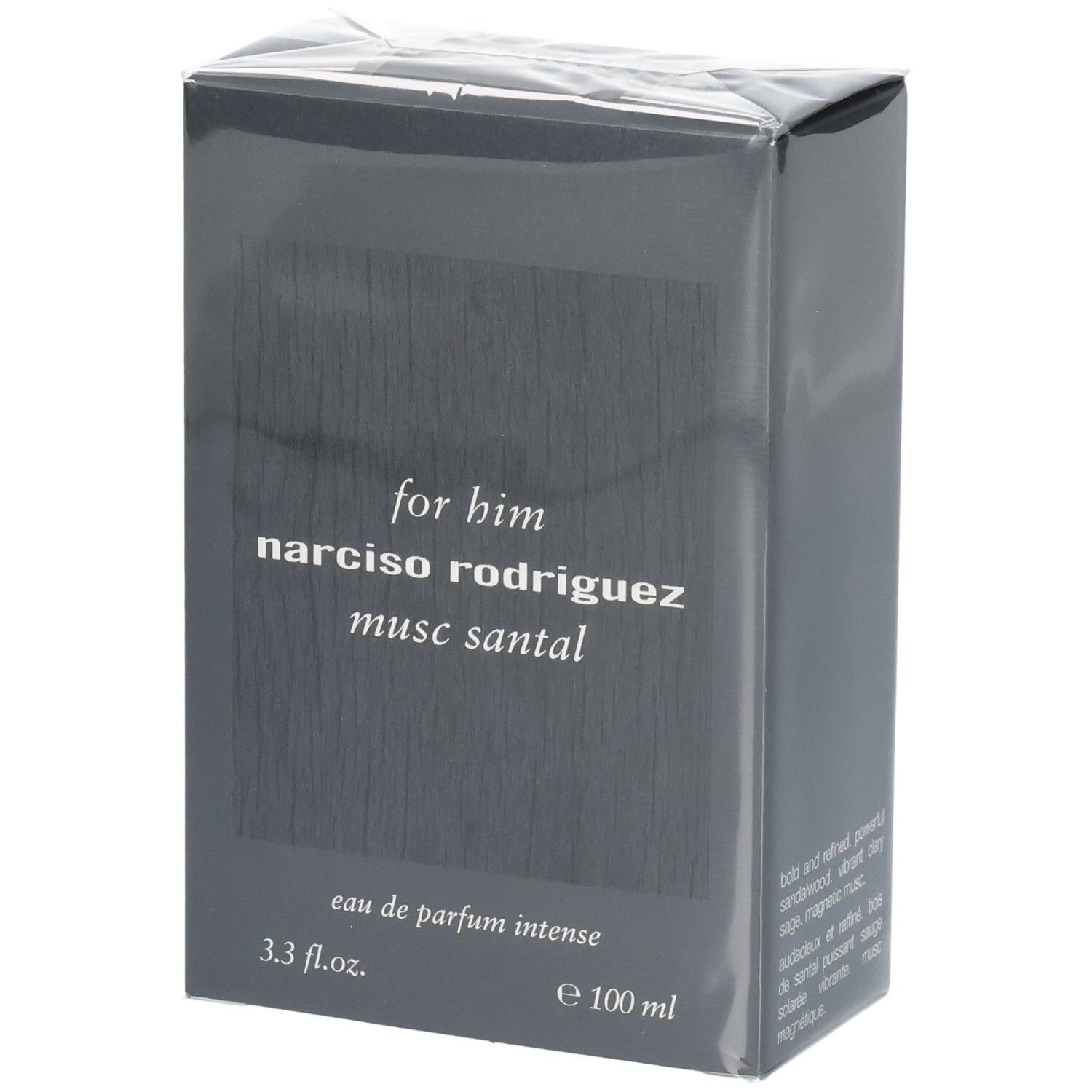 Emballage de Narciso Rodriguez For Him Musc Santal Eau de Parfum Intense, 100 ml.