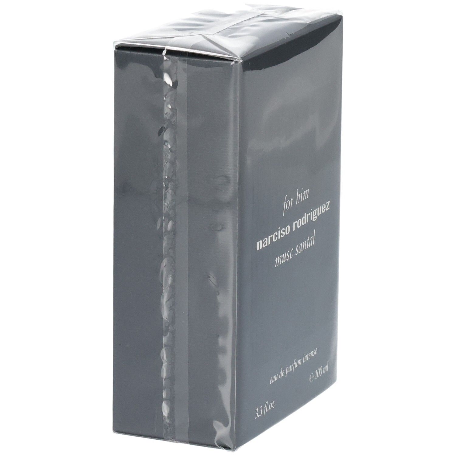 Vue latérale de l'emballage de Narciso Rodriguez For Him Musc Santal Eau de Parfum Intense.