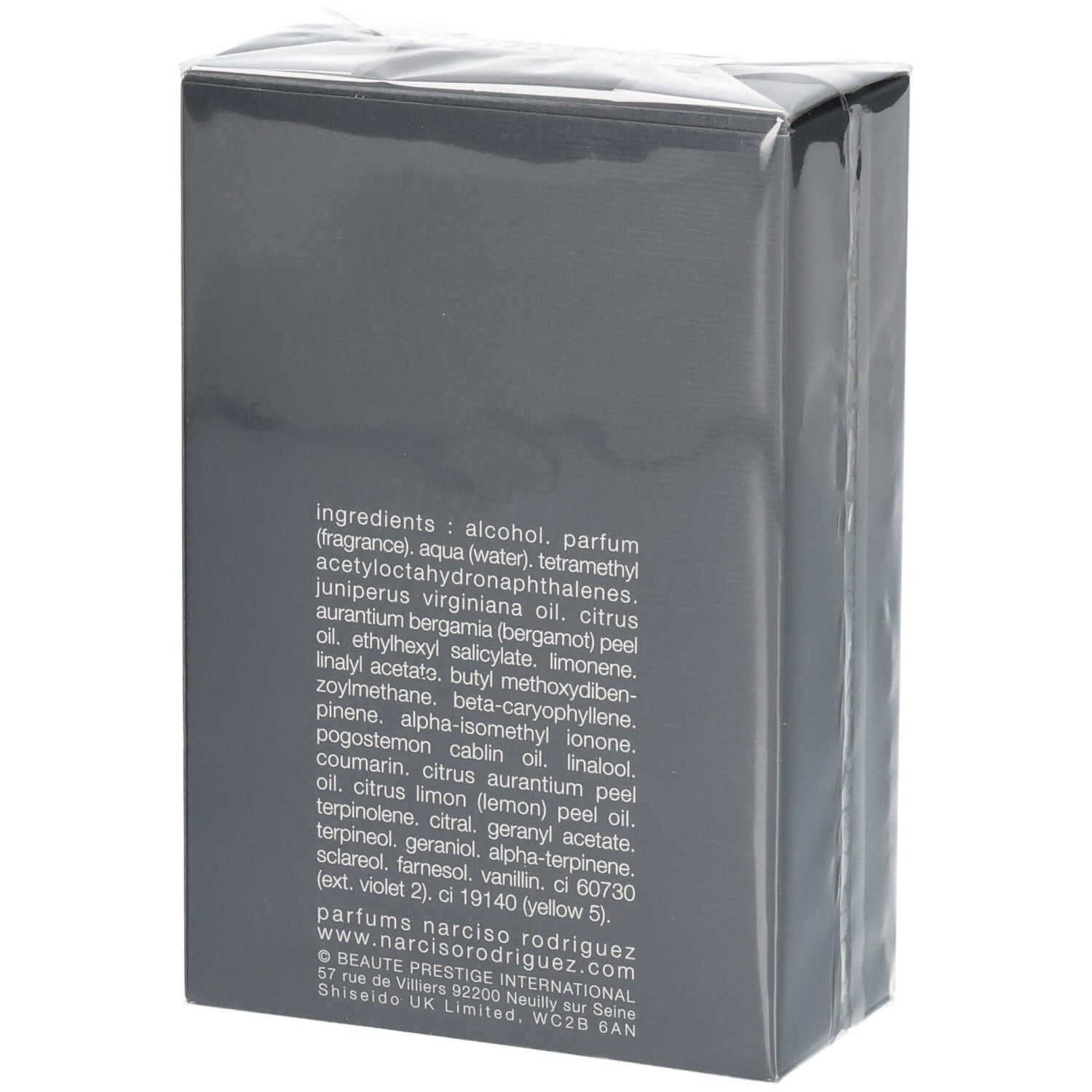 Arrière de l'emballage avec les ingrédients de Narciso Rodriguez For Him Musc Santal Eau de Parfum Intense.