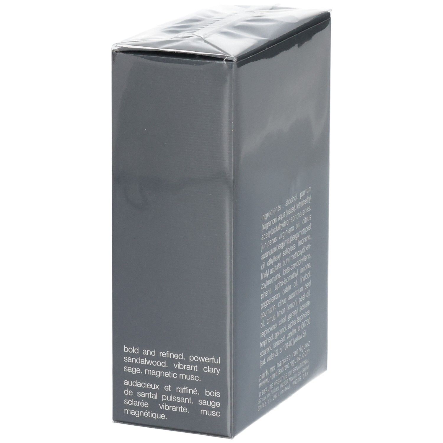 Vue latérale de l'emballage avec description de Narciso Rodriguez For Him Musc Santal Eau de Parfum Intense.