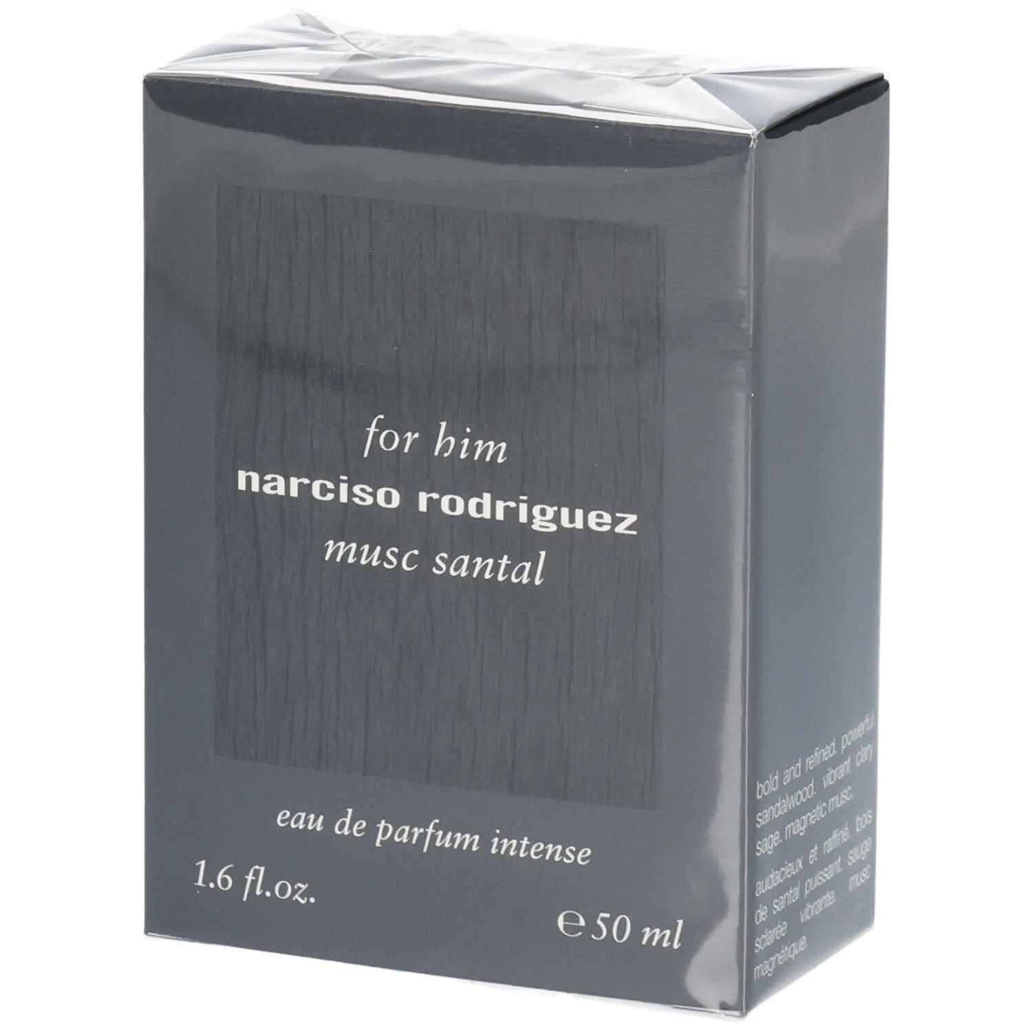 Emballage de Narciso Rodriguez For Him Musc Santal Eau de Parfum Intense, 50 ml.