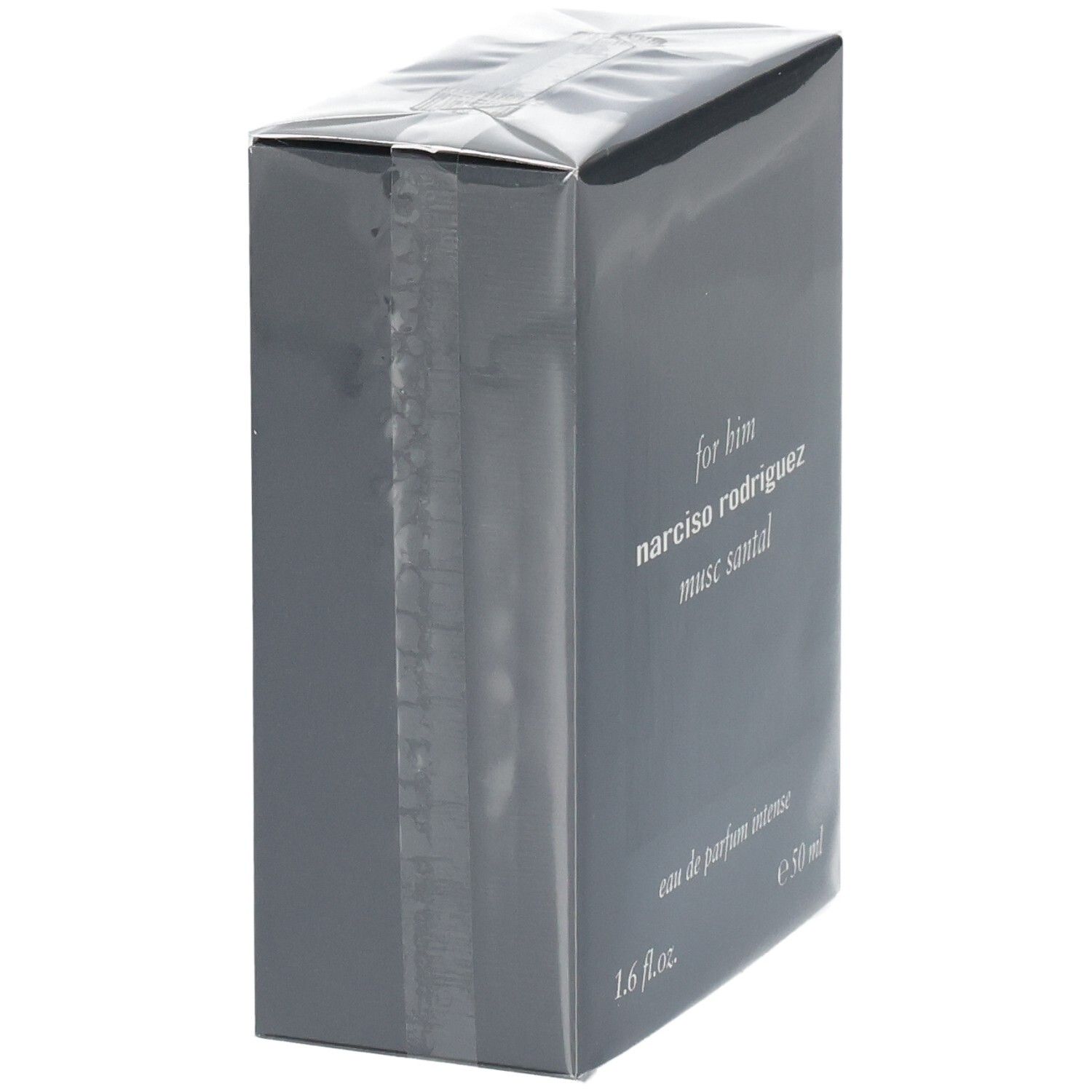 Vue latérale de l'emballage de Narciso Rodriguez For Him Musc Santal Eau de Parfum Intense.