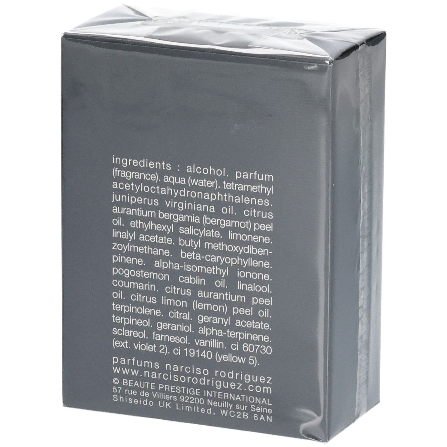 Arrière de l'emballage avec les ingrédients et les informations de marque pour Narciso Rodriguez For Him Musc Santal.