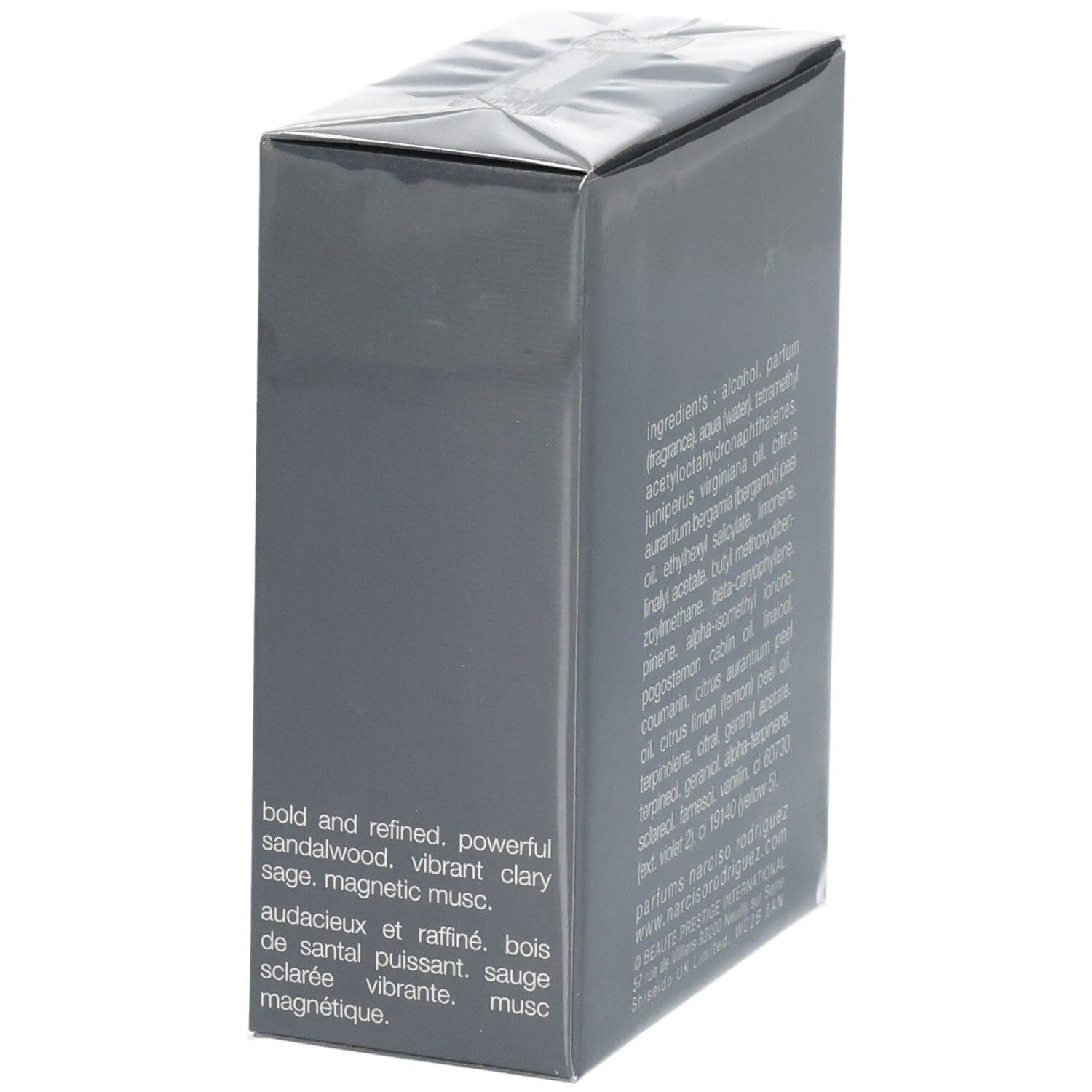 Vue latérale de l'emballage avec description du parfum pour Narciso Rodriguez For Him Musc Santal.