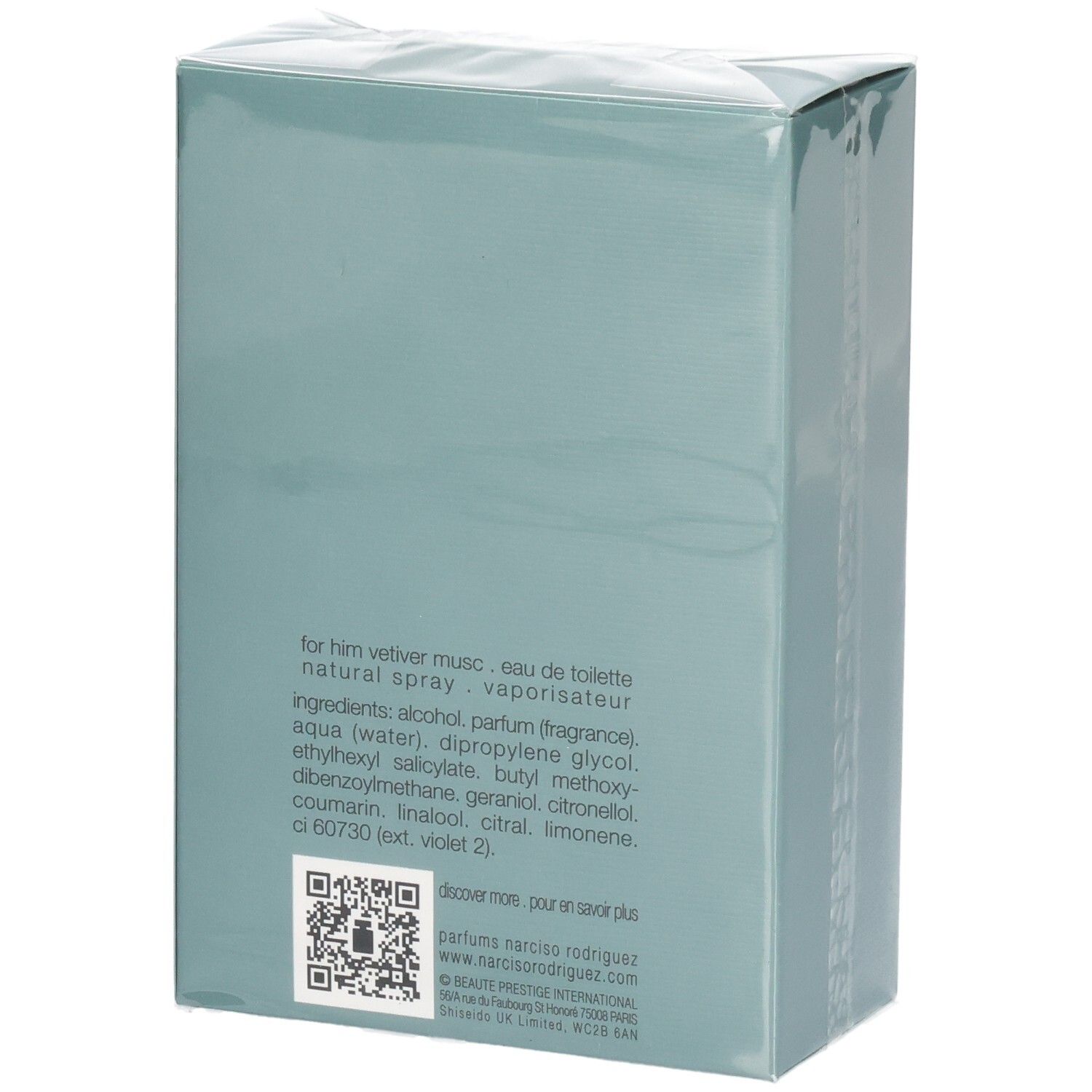 Arrière de l'emballage Narciso Rodriguez For Him Vetiver Musc Eau de Toilette 100 ml avec ingrédients.