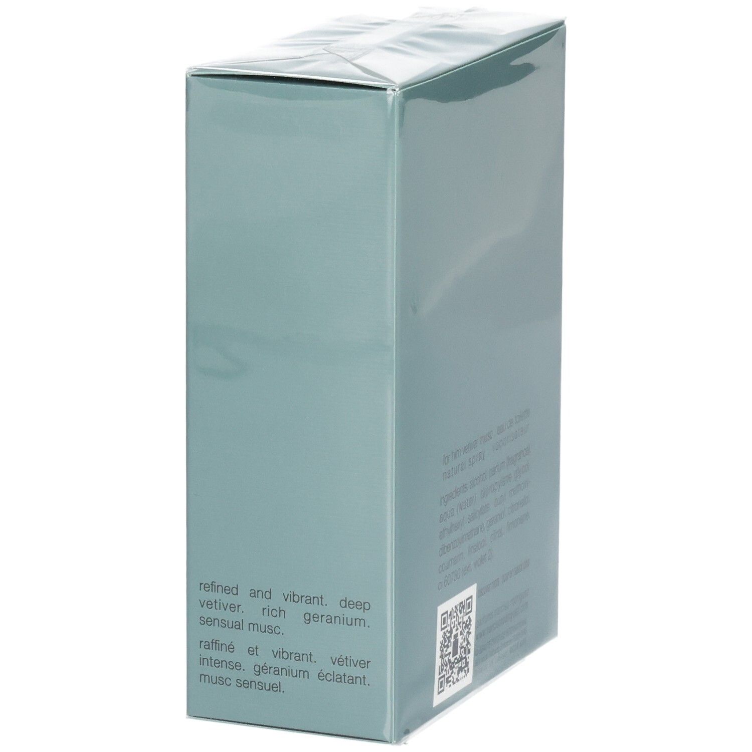 Emballage Narciso Rodriguez For Him Vetiver Musc Eau de Toilette 100 ml avec description anglaise et française.